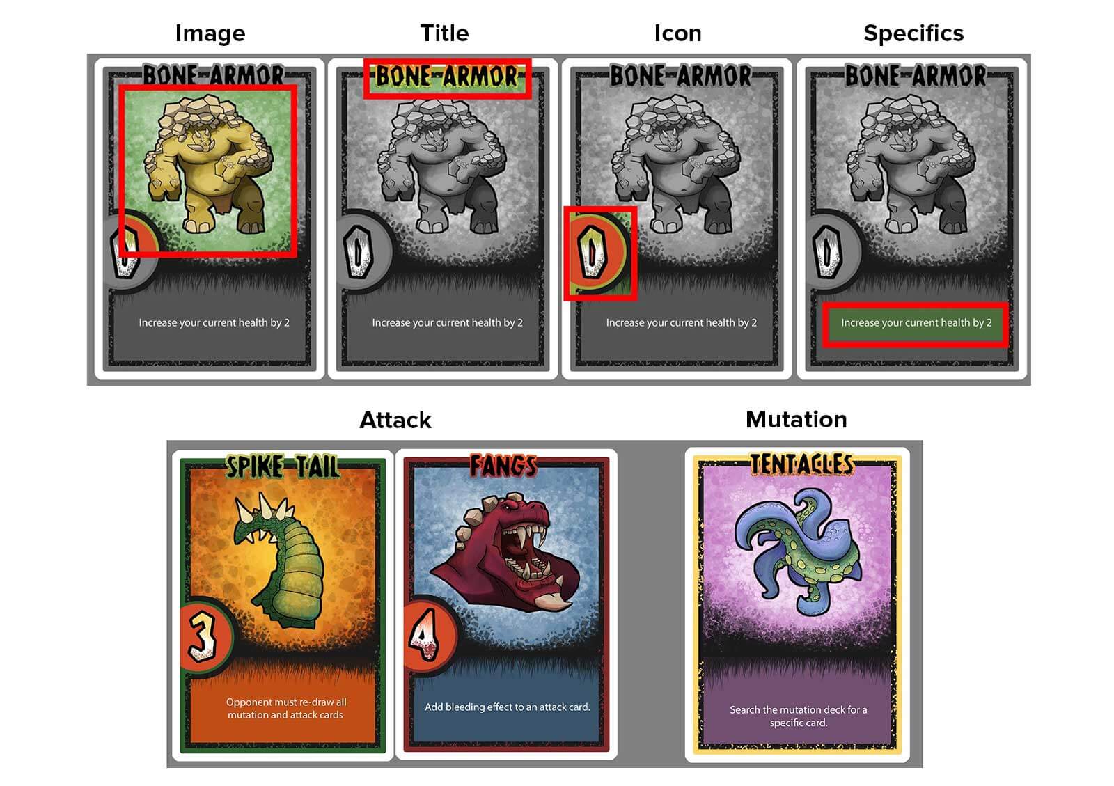 Mockup drawings of playing cards displaying various kinds of monsters and their abilities.
