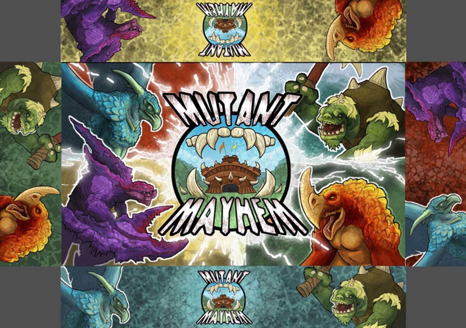 A mockup of the box art and design for a tabletop game named Mutant Mayhem. 