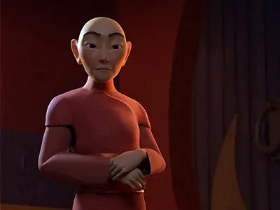 A monk stands backlit from DigiPen's student animation, Ming.