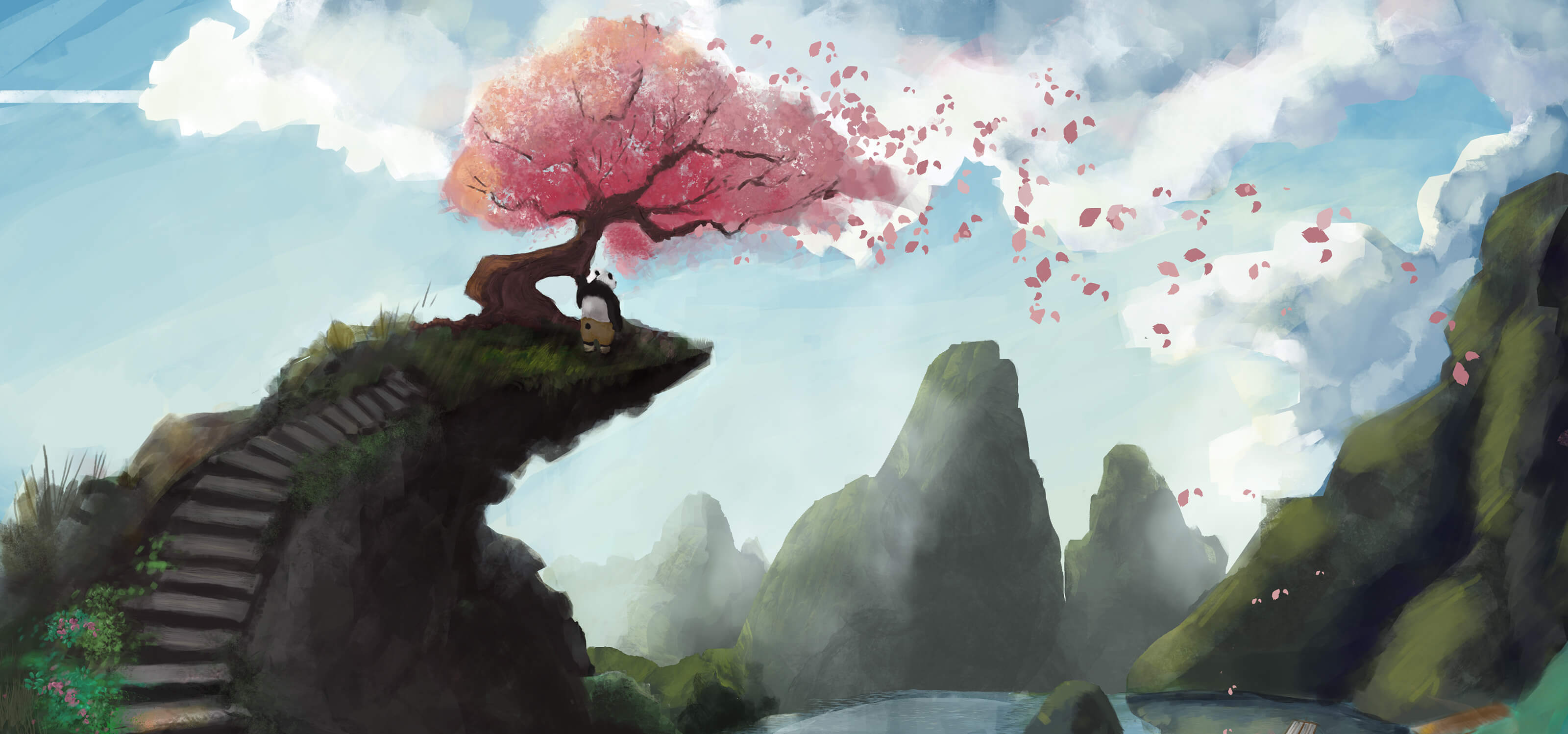 Digital painting of a panda standing on a cliff under a cherry tree overlooking a lake and mountains