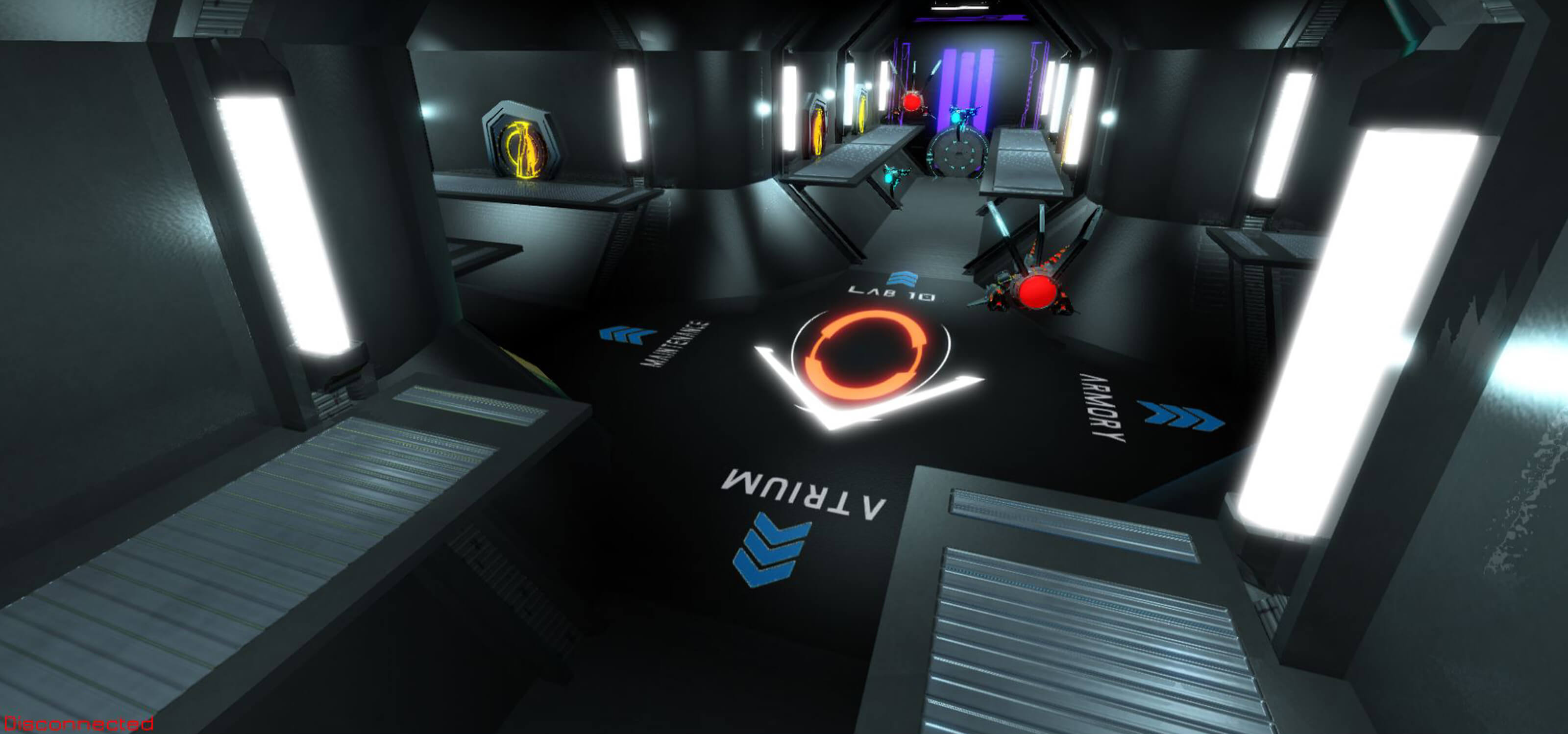 Screenshot from Chrono-Drive of directional signage on the floor of the research station