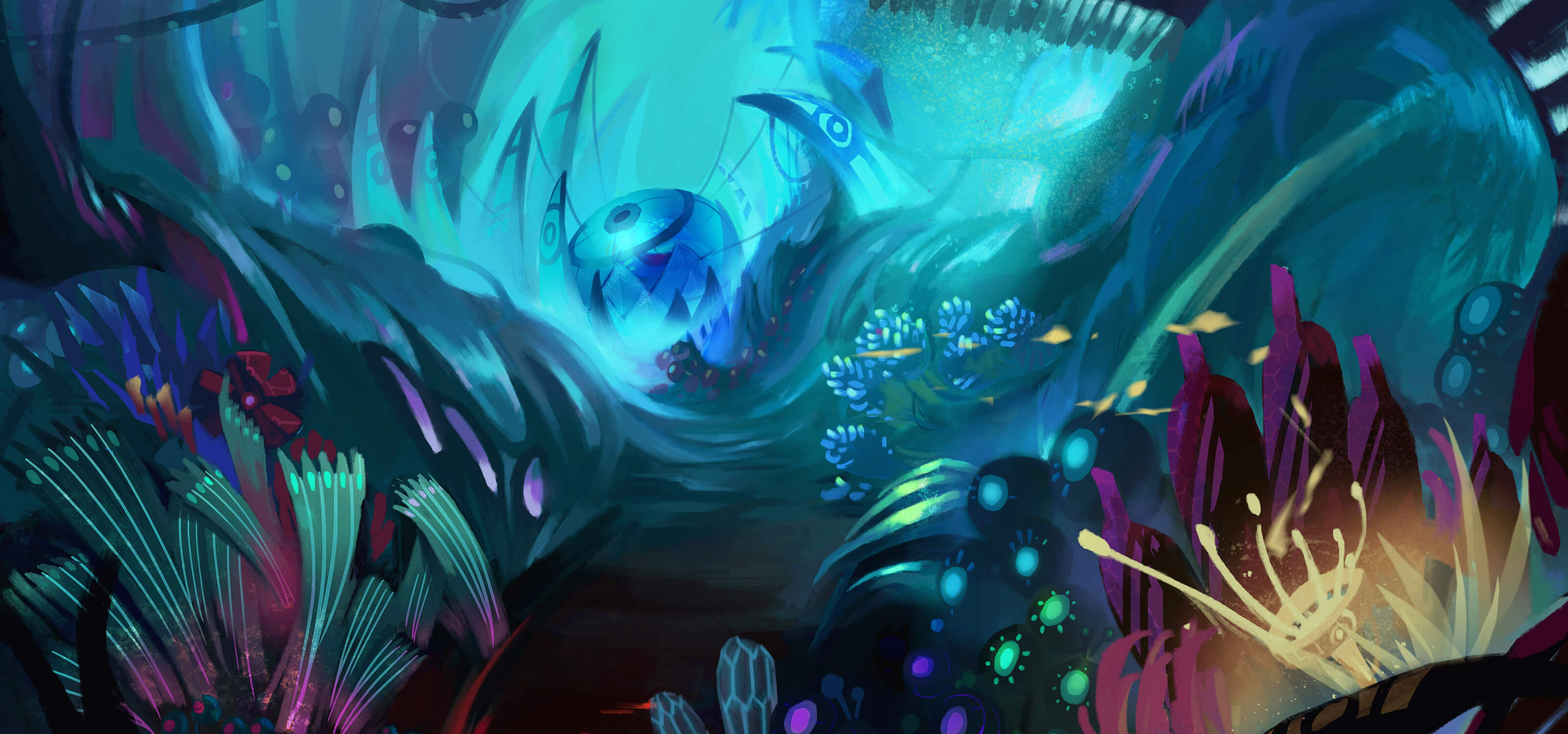 Digital painting of an underwater scene rendered in blues, greens, and purples