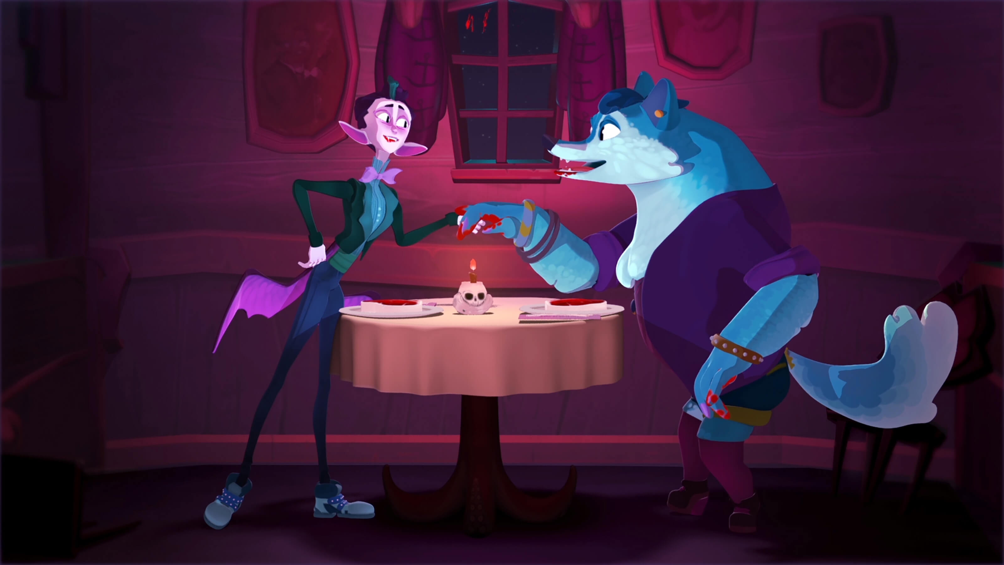A pink vampire in a suit holds hands with a blue werewolf over a dinner table with two steaks and a lit candle inside a skull