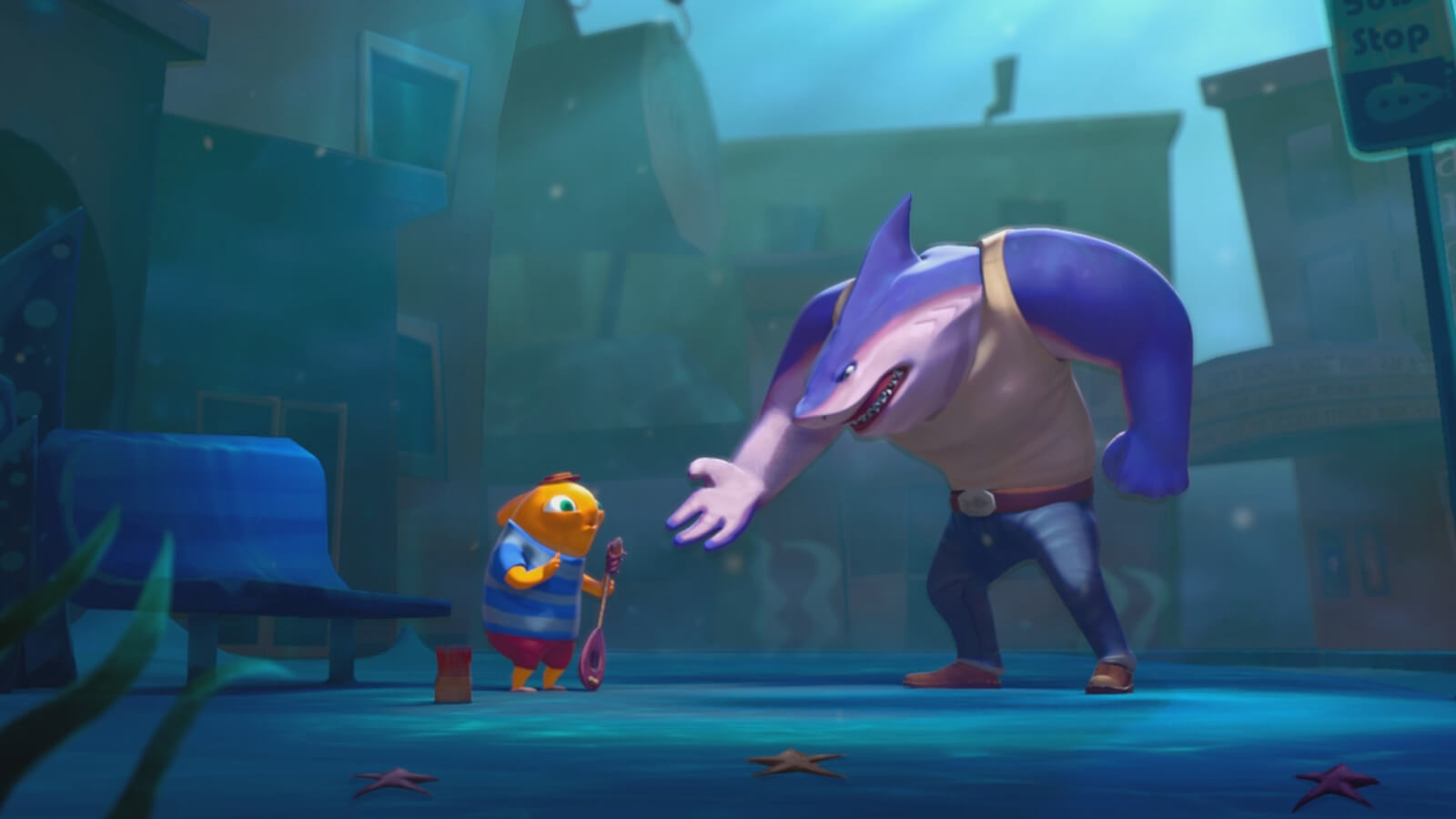 At a bus stop underwater, a large purple shark in jeans confronts a smaller orange fish in a striped t-shirt holding a banjo