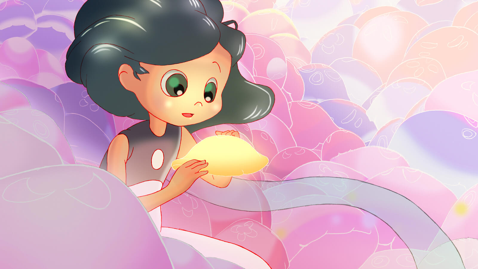 A girl with black hair and green eyes holds a yellow jellyfish in her hands, surrounded by pink, purple, and orange jellyfish