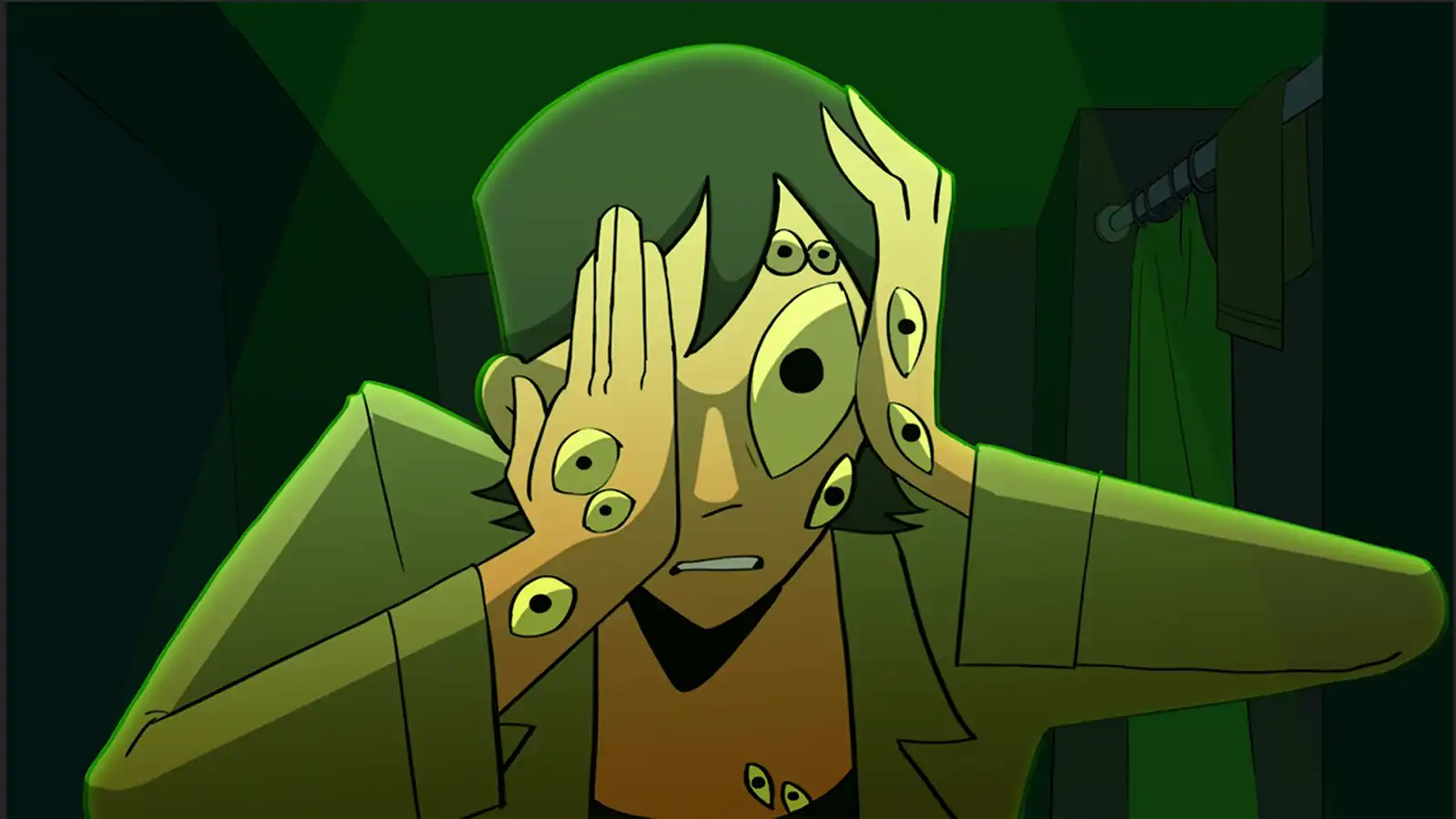 A female character holds her head as eyes appear on her face.