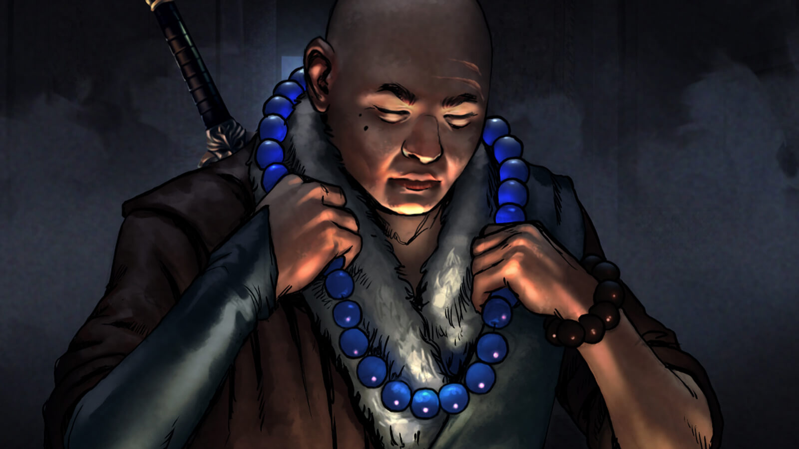 A bald man with a sword on his back, lit from below, puts on a necklace of brilliant blue spheres in a darkened room