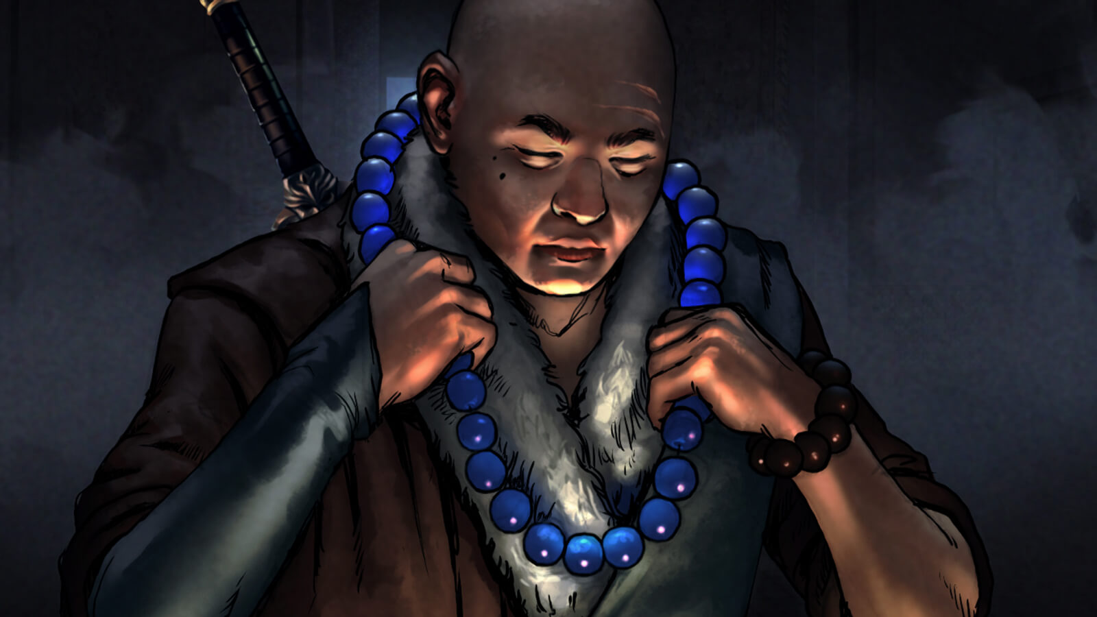 A bald man with a sword on his back, lit from below, puts on a necklace of brilliant blue spheres in a darkened room