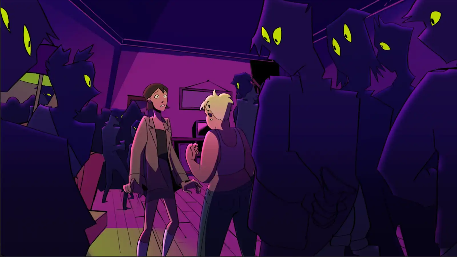 A woman approaches another in a group.