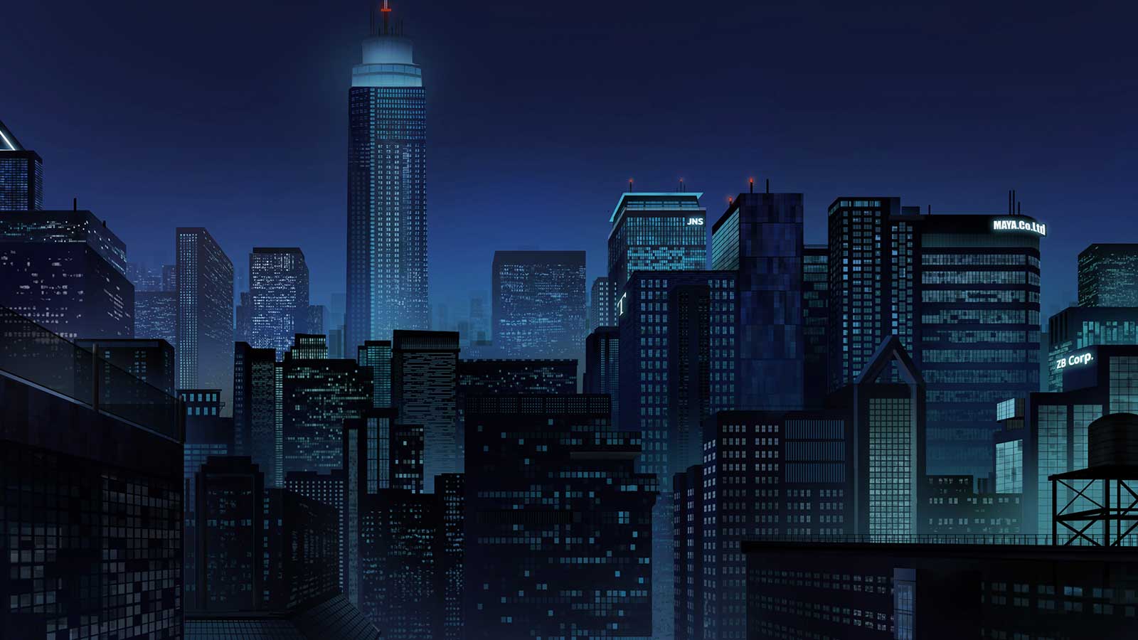 A modern cityscape at night.