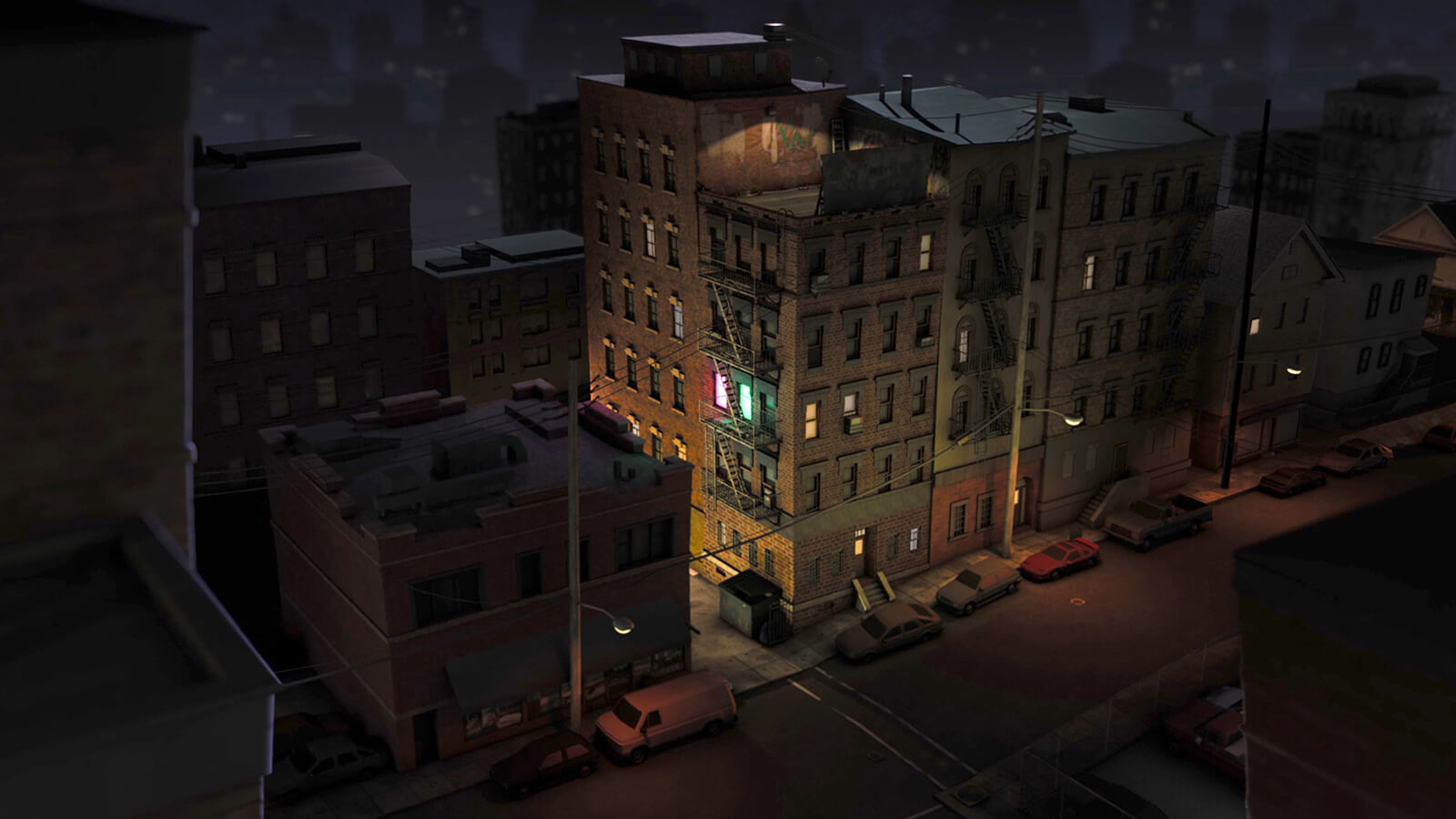 A brick apartment building in a darkened urban area at night. Two neighboring windows are aglow, one pink, one green.