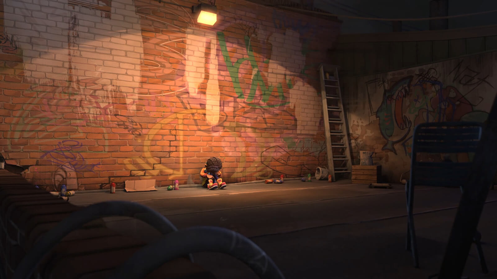 A young girl sits sadly against a brick wall covered in graffiti, near cans of spray paint, lit from a single light above