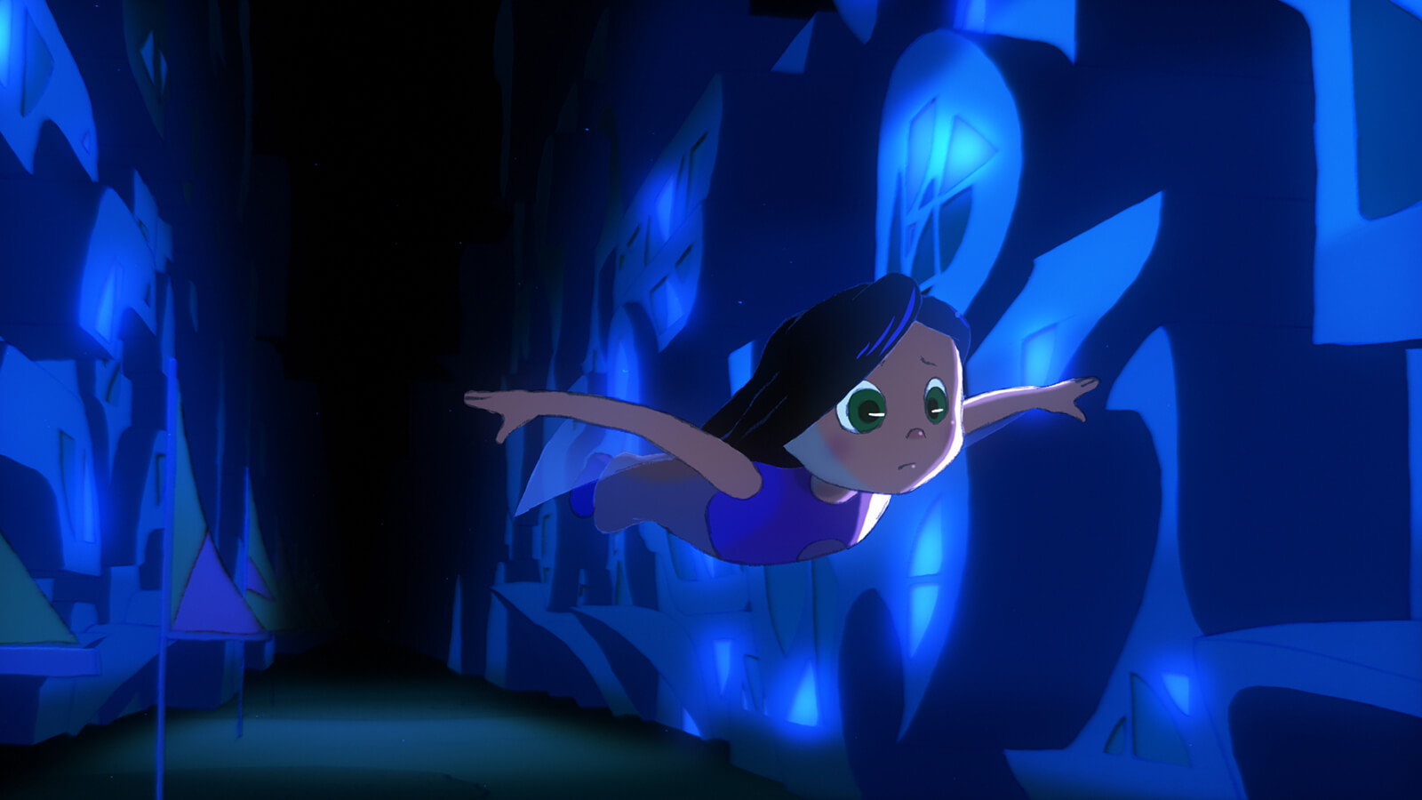 Closeup up a young girl with green eyes swimming underwater between a canyon of glowing, dark-blue shapes