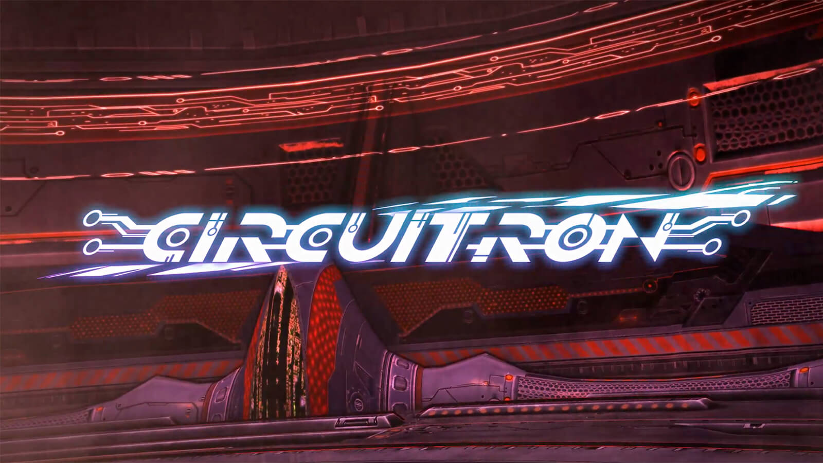Title card for the film Circuitron in glowing, white stylized font in front of a reddish-hued metallic room