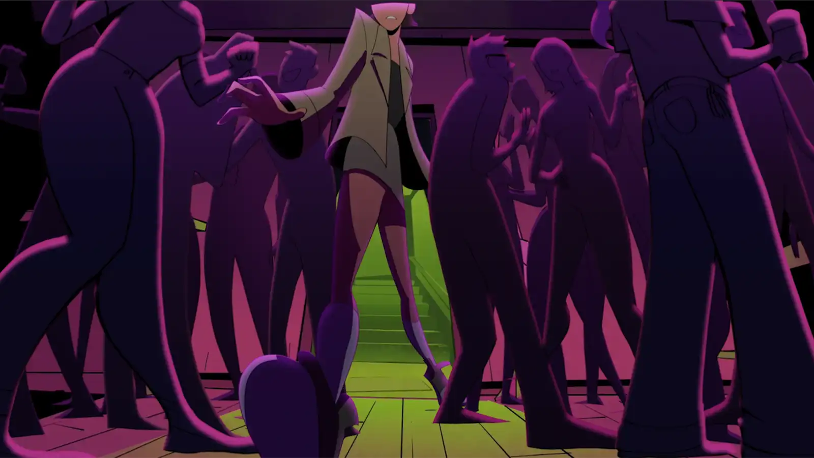 A character stands in a group of people.