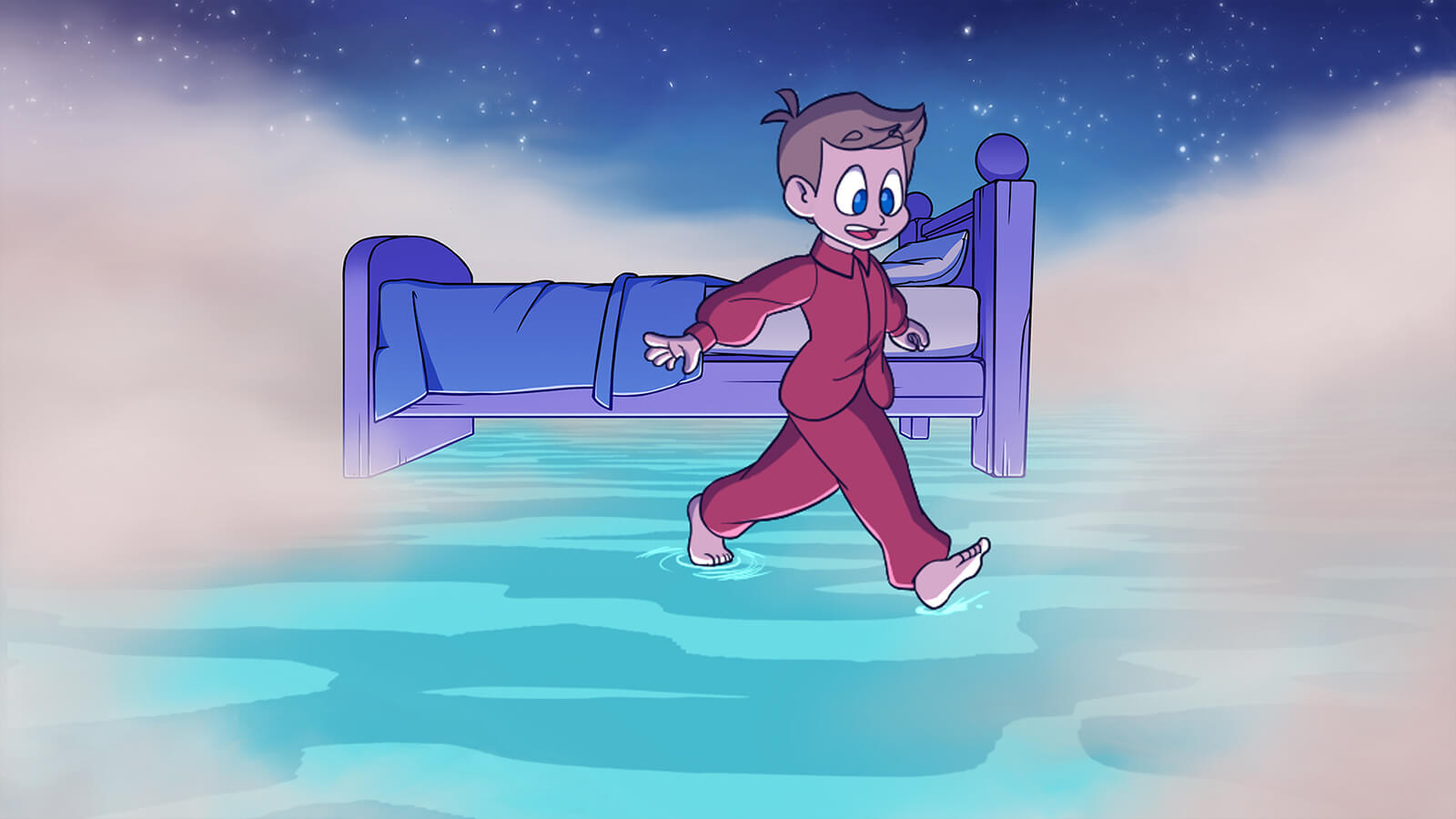 A boy steps out of bed onto a seemingly solid surface made of water.