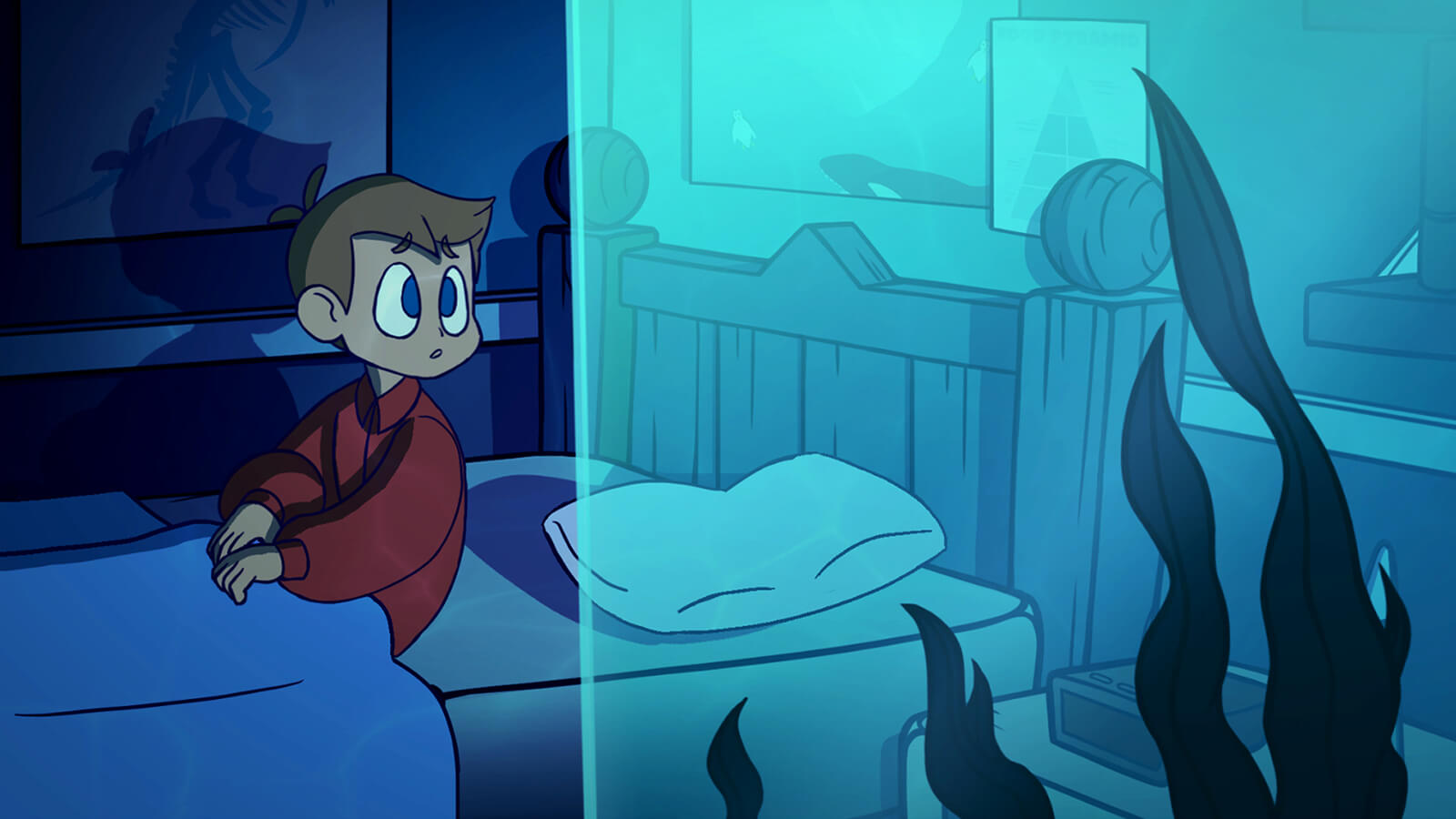 A boy in bed looking at a fish tank.