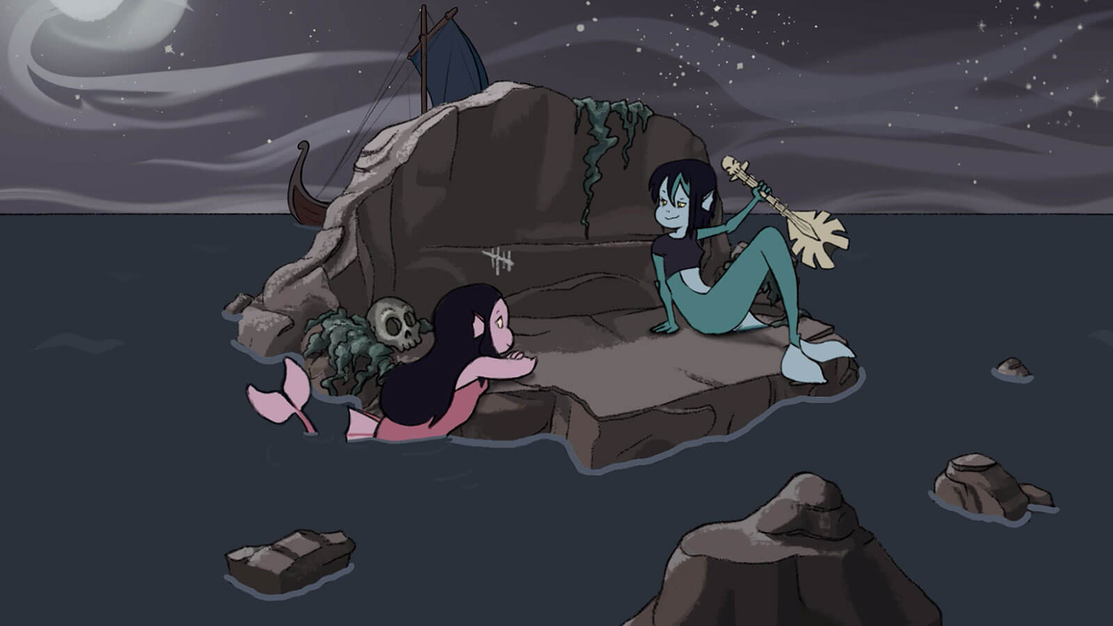 Two mermaids lounge on a small rocky island