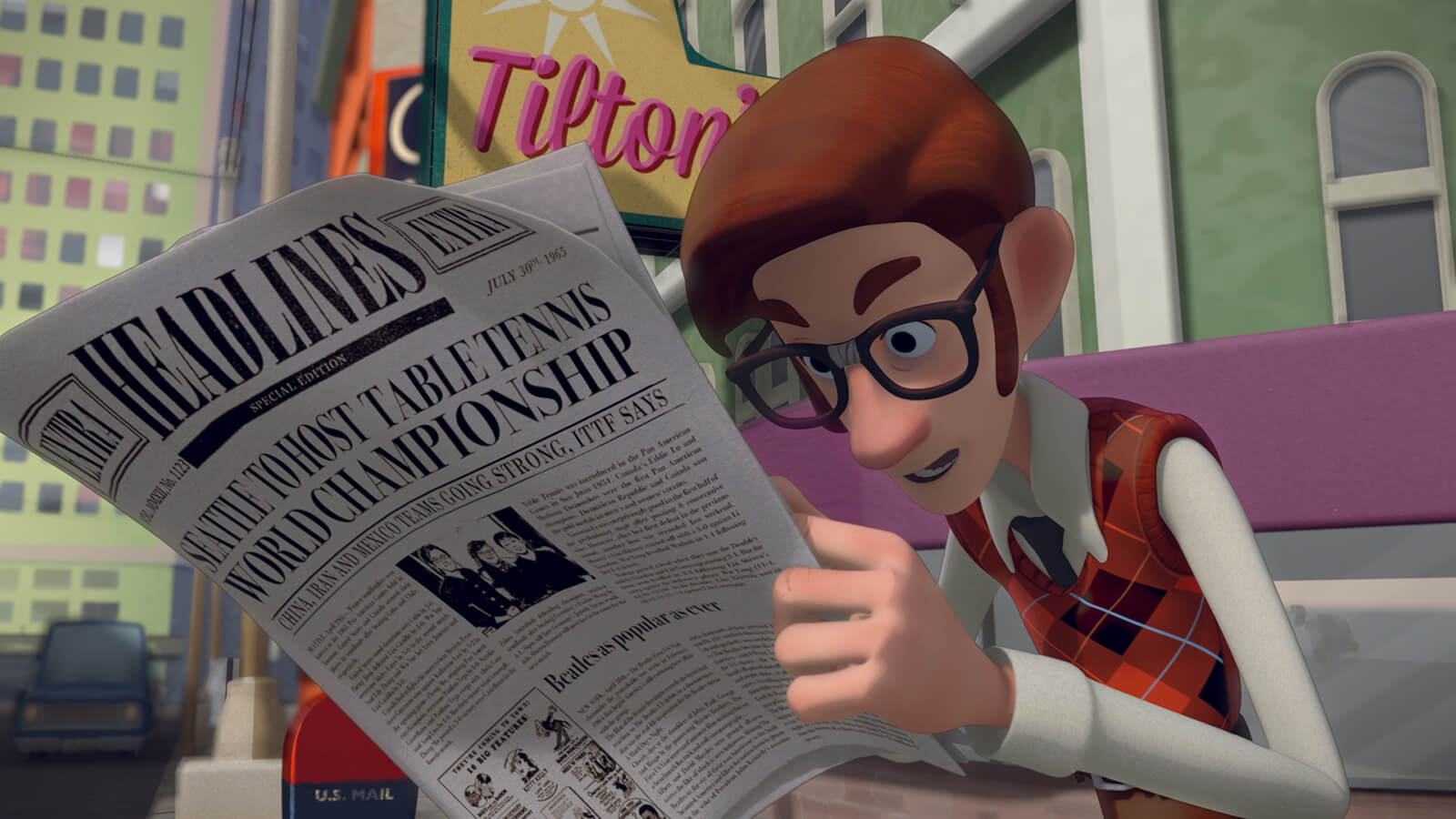 A man in glasses and a red argyle sweater sits on a bench reading a newspaper, fascinated by a story.