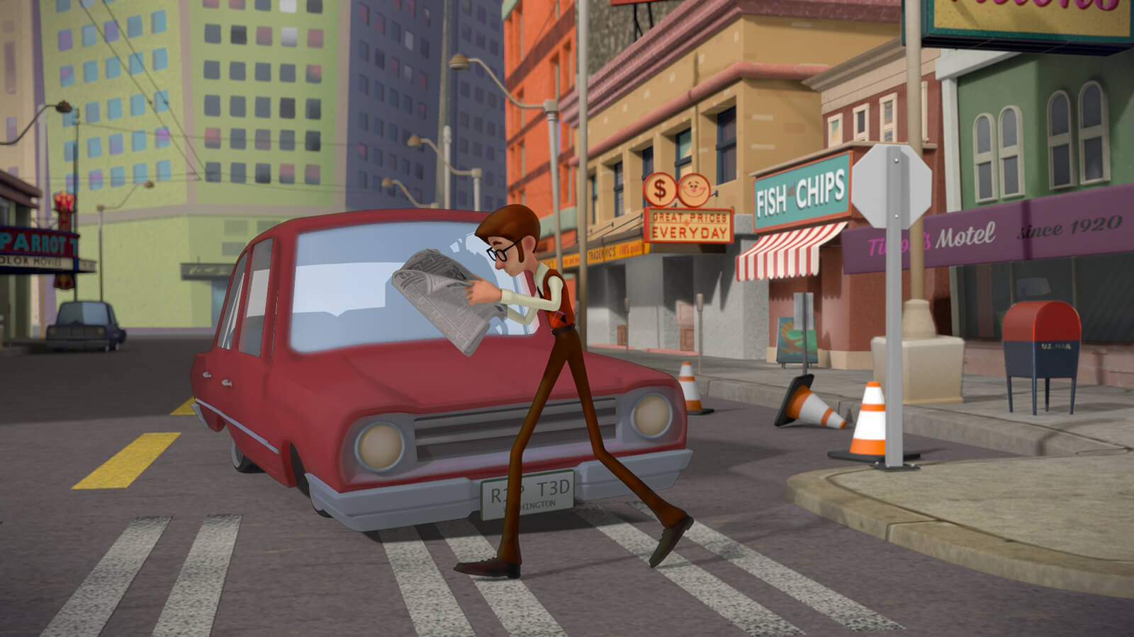 A man in a red argyle sweater reads a newspaper while walking across a street. A red car is about to hit him from the right.