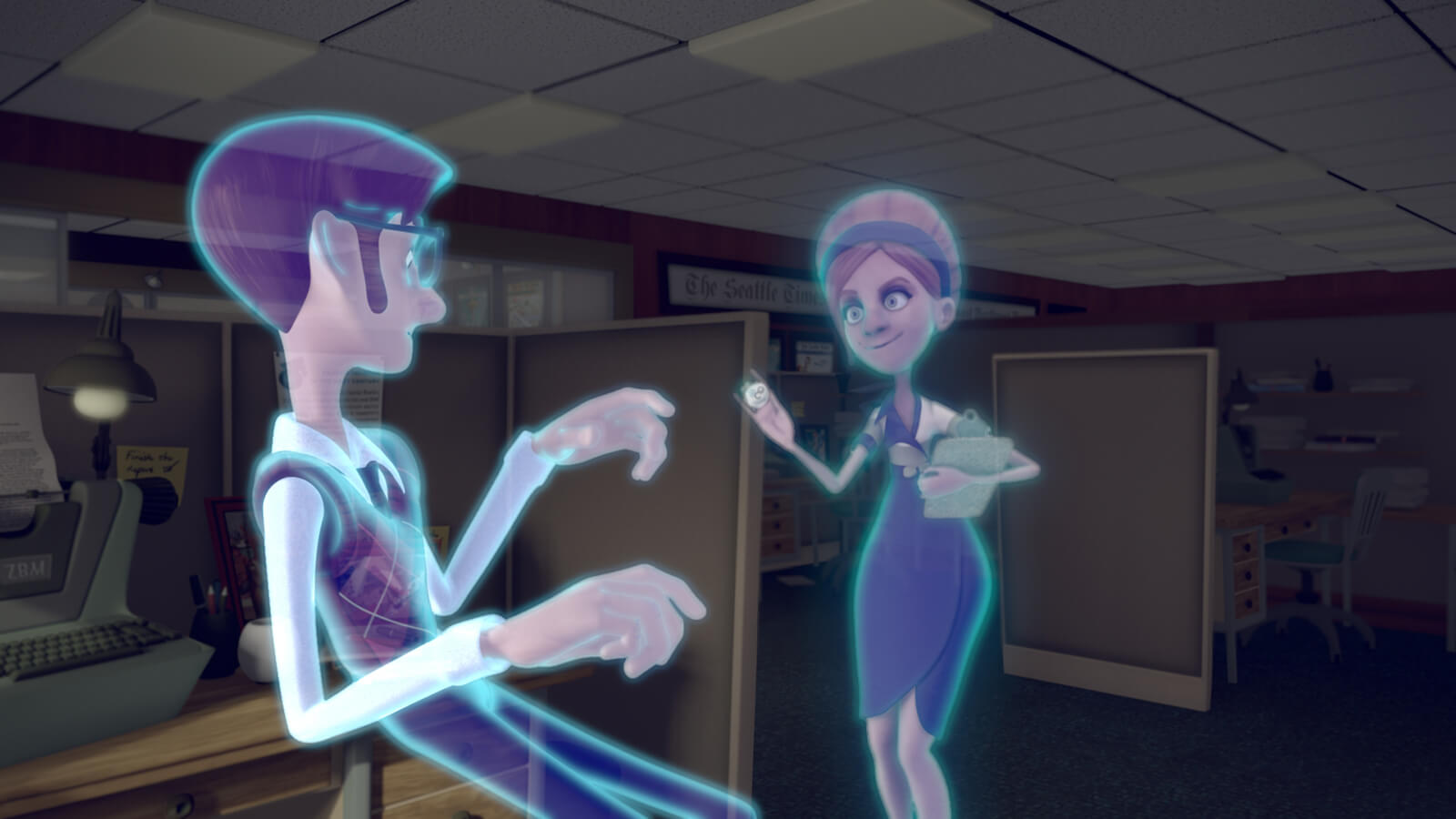 A translucent, glowing blue man retracts from another spectral woman holding a clipboard and a small button to pin on him.