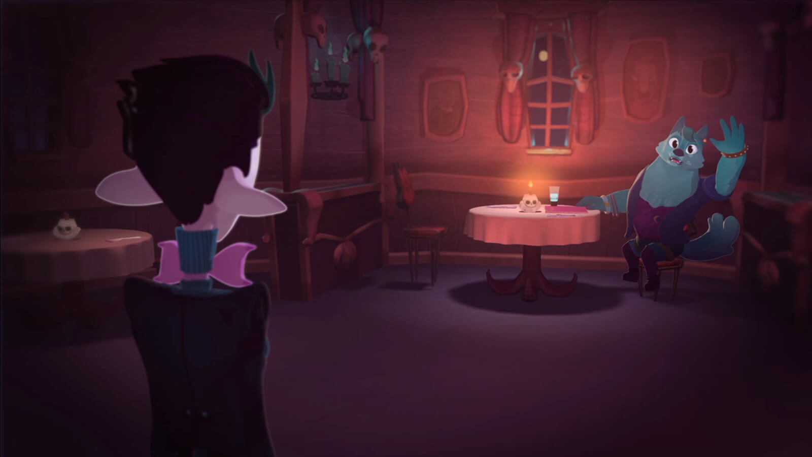 A blue werewolf in purple clothing leans on a candlelit table, looking out a window flanked by red curtains with skulls above