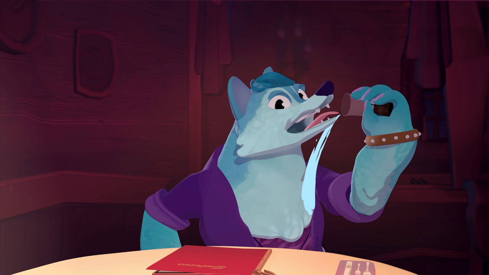 A blue werewolf sitting at a table moves a cup to its face, but the water misses its mouth and spills on its chest