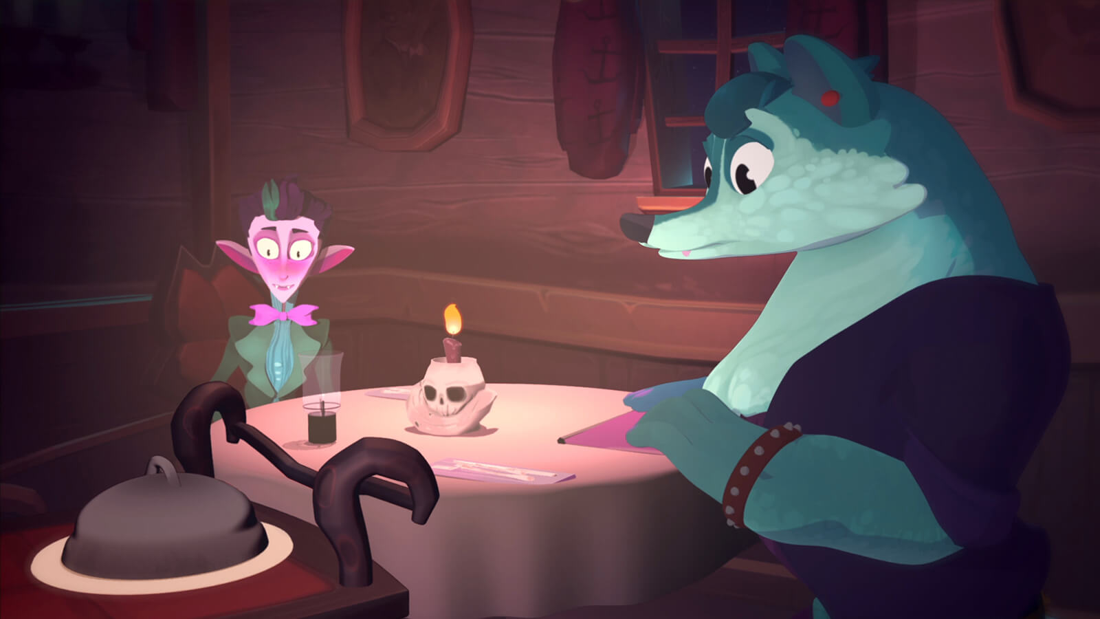 A blue werewolf and pink vampire sitting at a table look at a nearby cart with a lidded plate on it