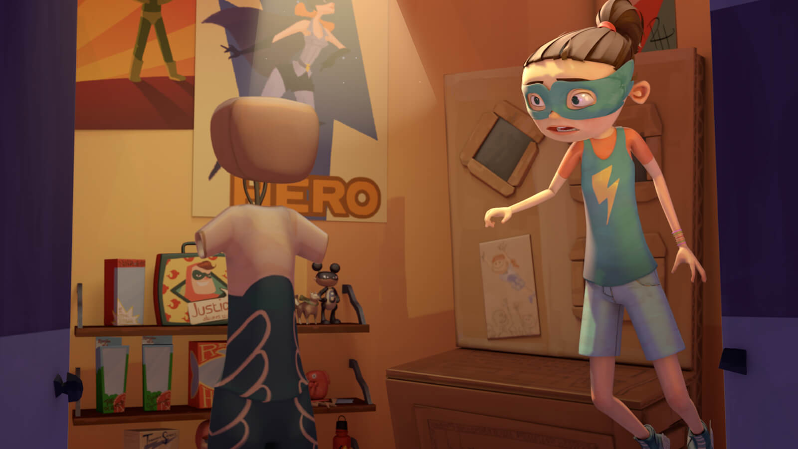 A young girl in a room decorated with superhero merchandise wears a teal mask and lightning-bolt tank top