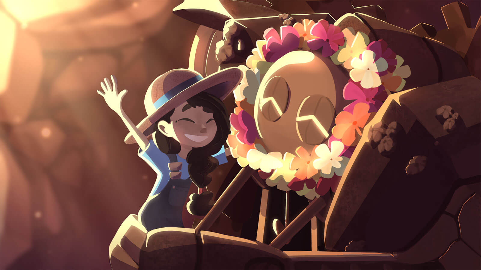 Smiling girl puts a flower garland on a robot