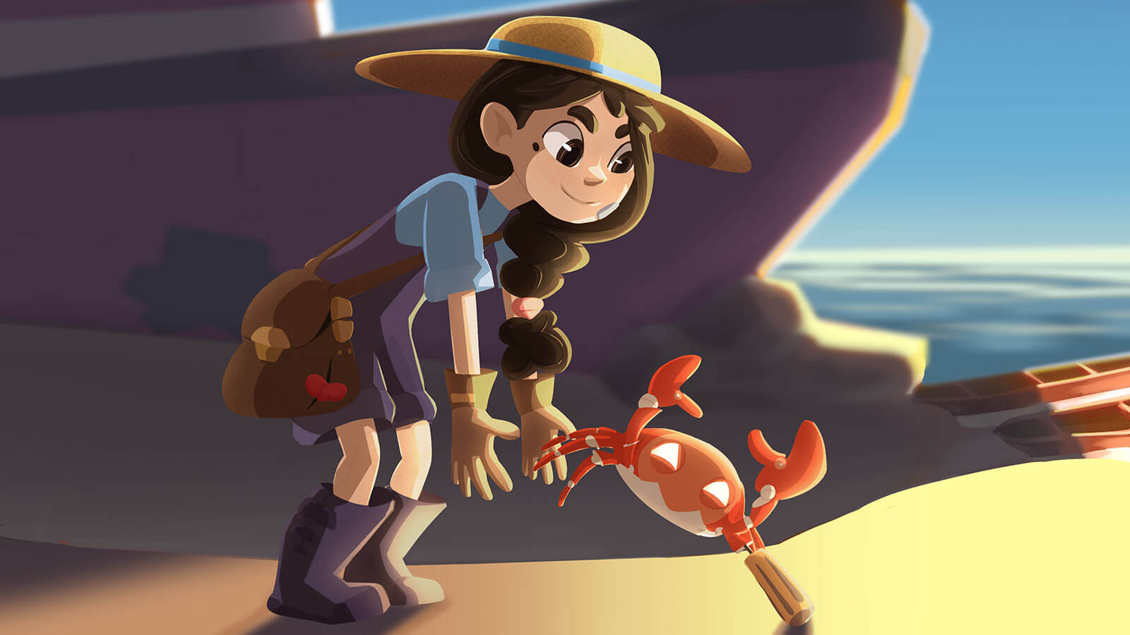 Girl encounters a crab on the beach