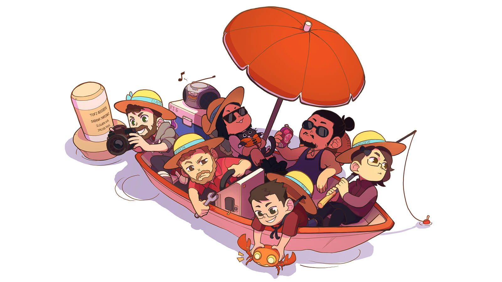 Cartoon drawing of six friends in a boat