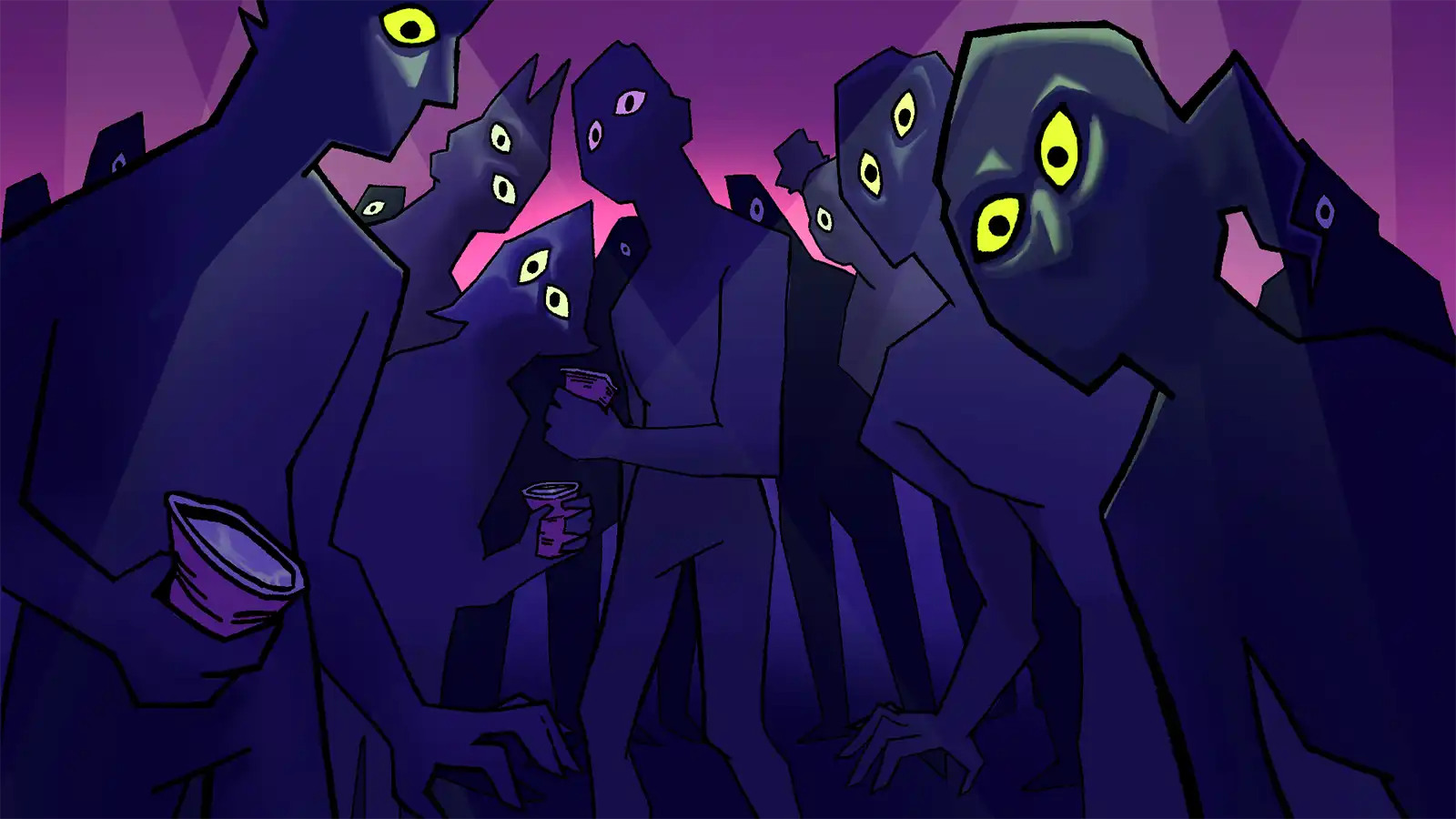 Concept art showing scary beings staring downwards