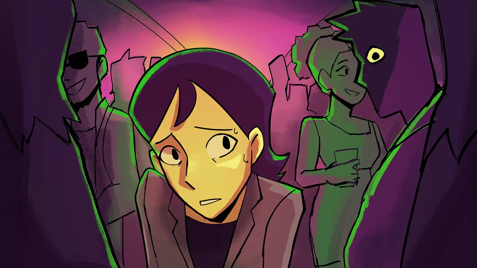 Concept art of a character feeling uneasy in a group.