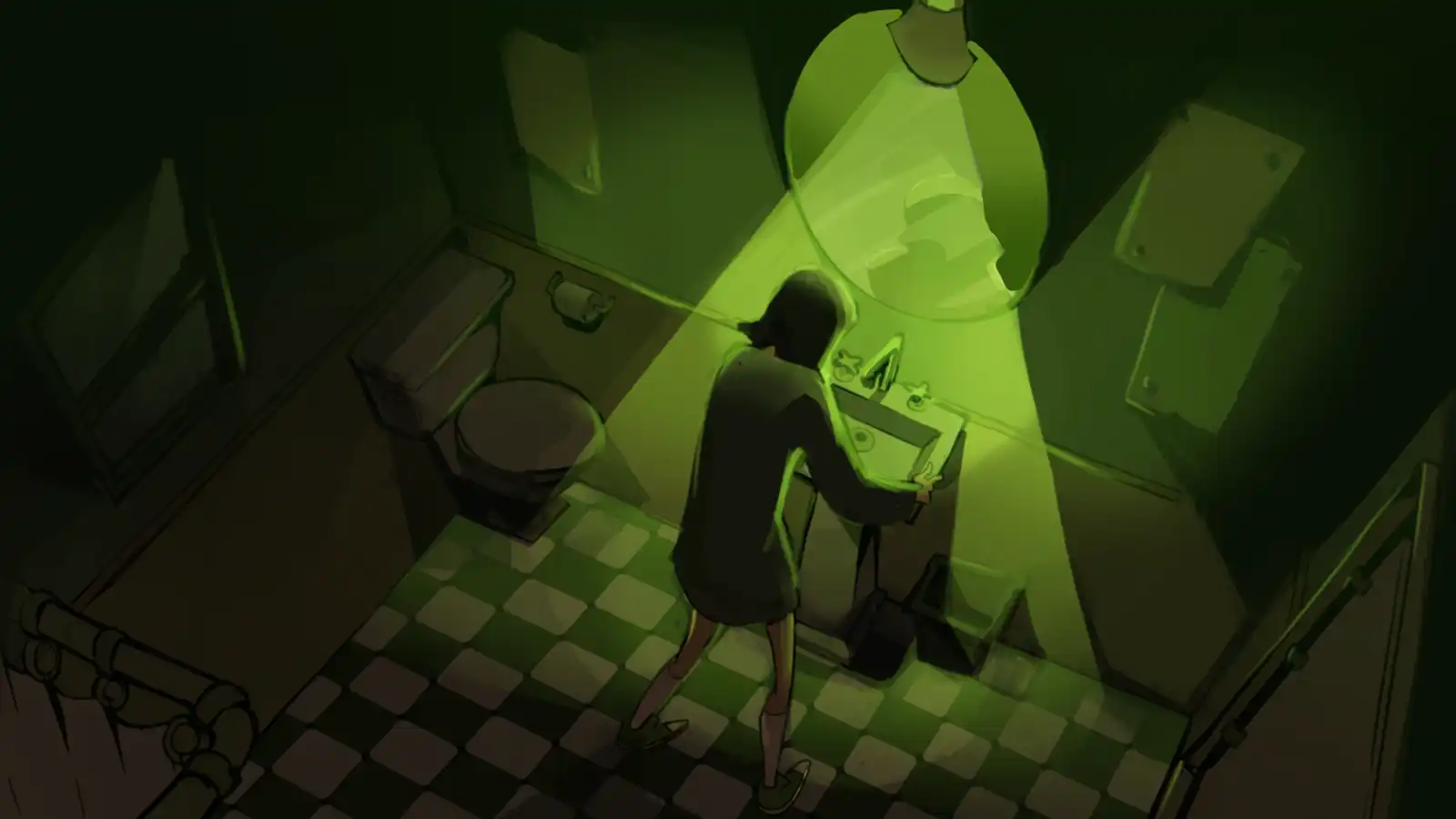 Concept art of a character at a sink.