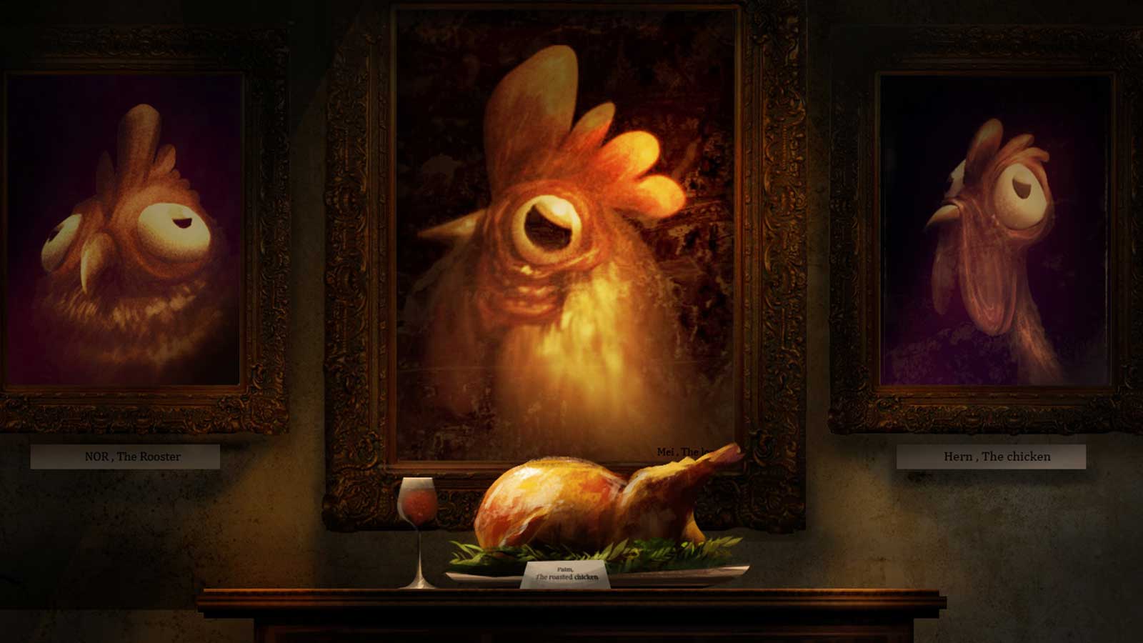 A cooked chicken on a plate in front of 3 paintings of chickens.