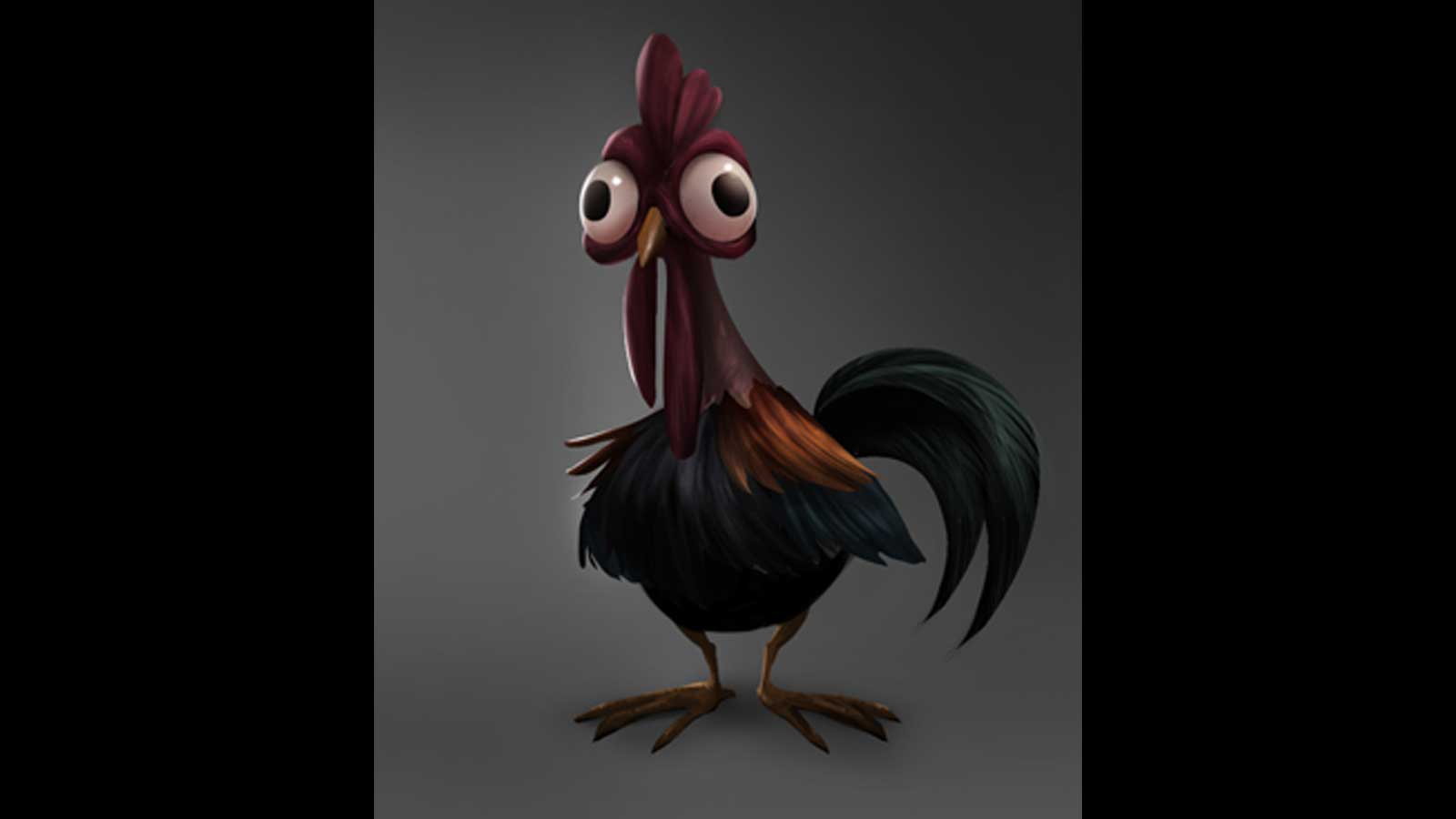 A chicken standing behind a grey background.