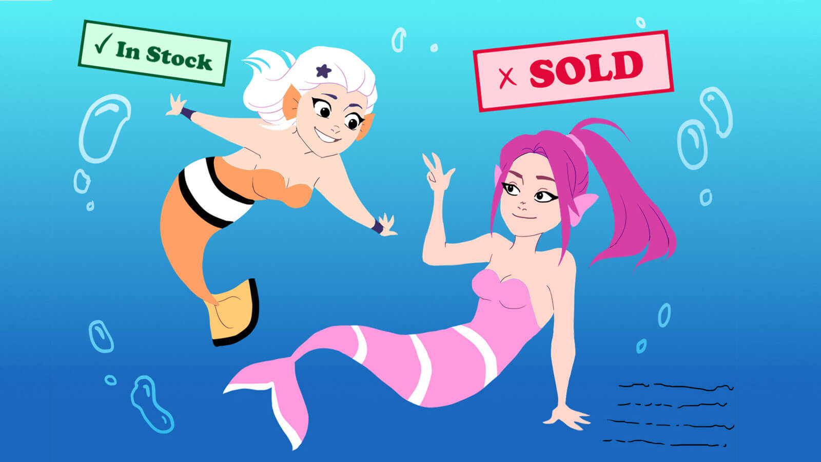 Two mermaids, one marked as "in stock" and the other as "sold"
