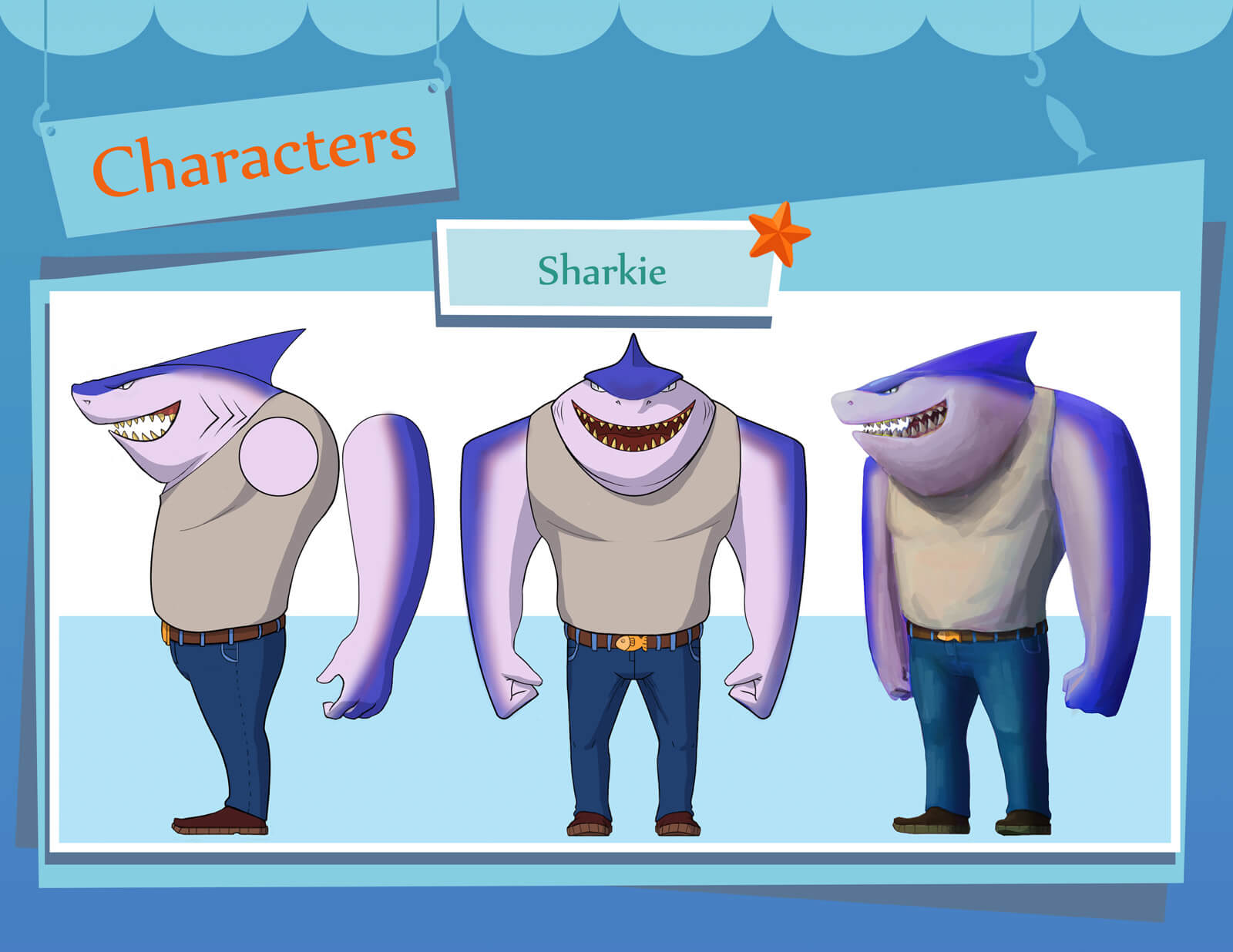 Silhouettes of three characters, labeled Jelly, Lil' Fish, and Sharkie, depicting relative sizes