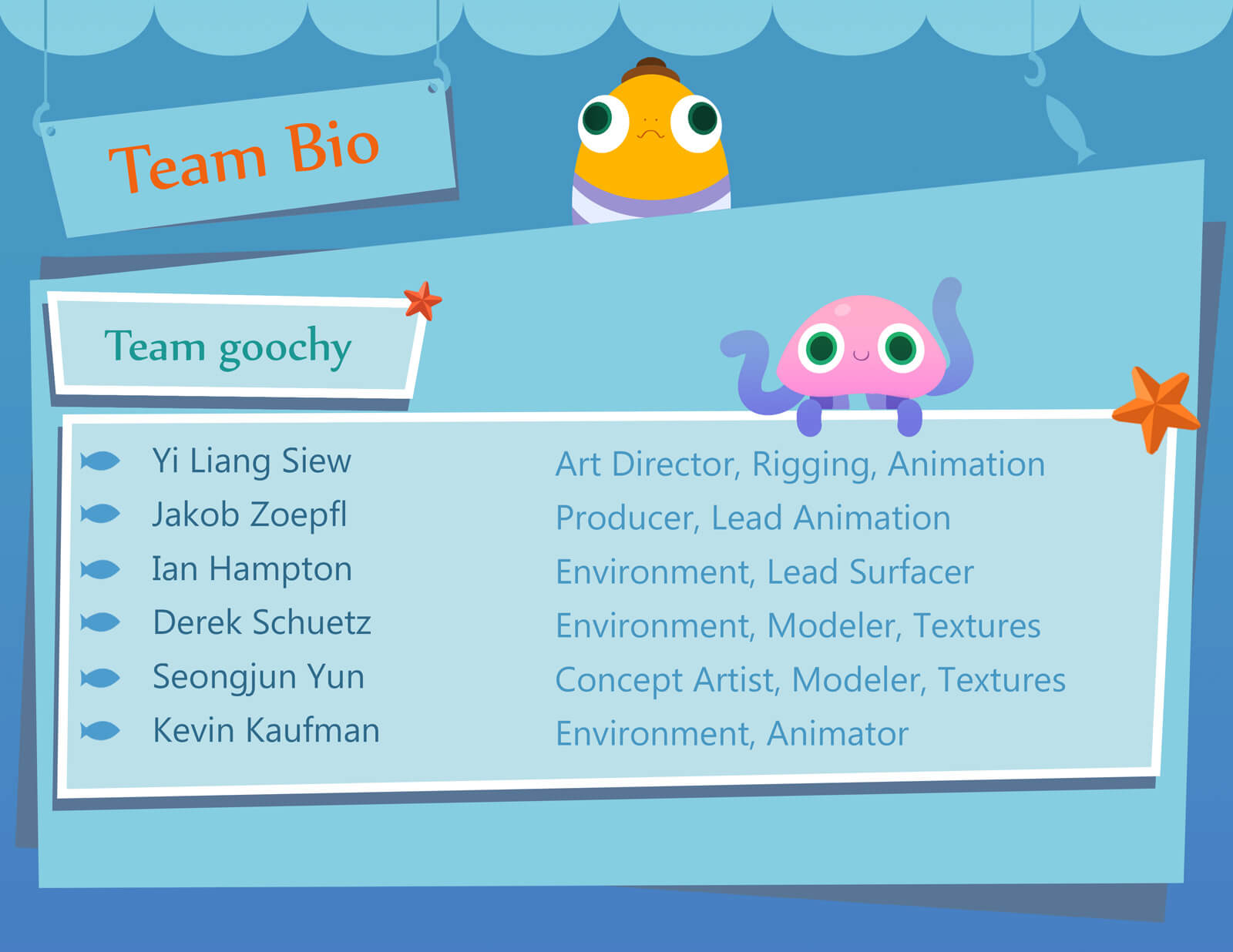 Credits for the film Bait & Switch in a blue background with an orange fish and pink jellyfish also seen