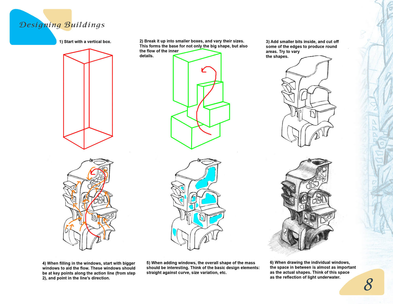 Design slide depicting the process for creating interesting shapes of buildings in the film Beneath the Night Sea