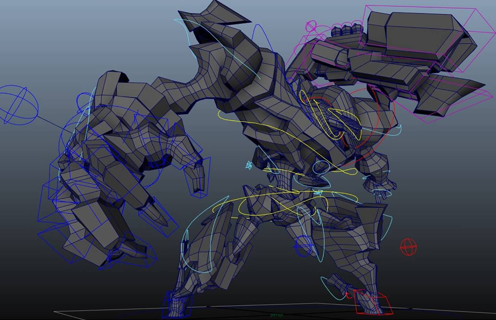 Wireframe of a 3D model of a robot with a large claw and shoulder-mounted cannon