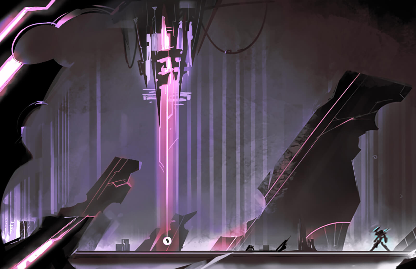 2D concept art of the film Circuitron with a glowing pink column in the center of a dark room