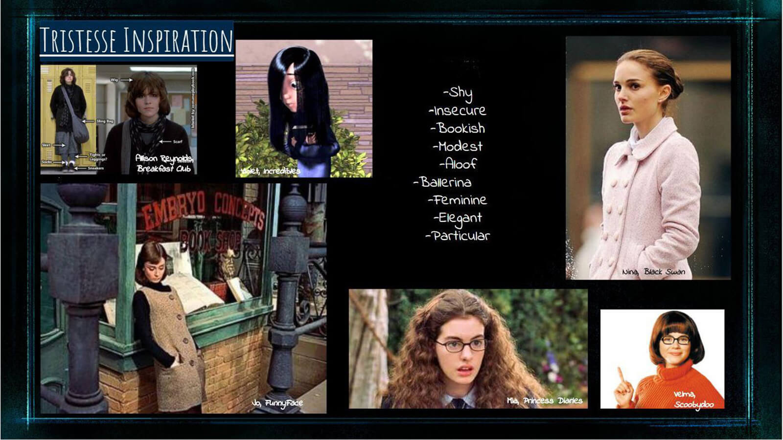 A slide titled "Tristesse Inspiration," showing photos of popular film characters the team referenced in designing the protagonist of Etude's look and feel.