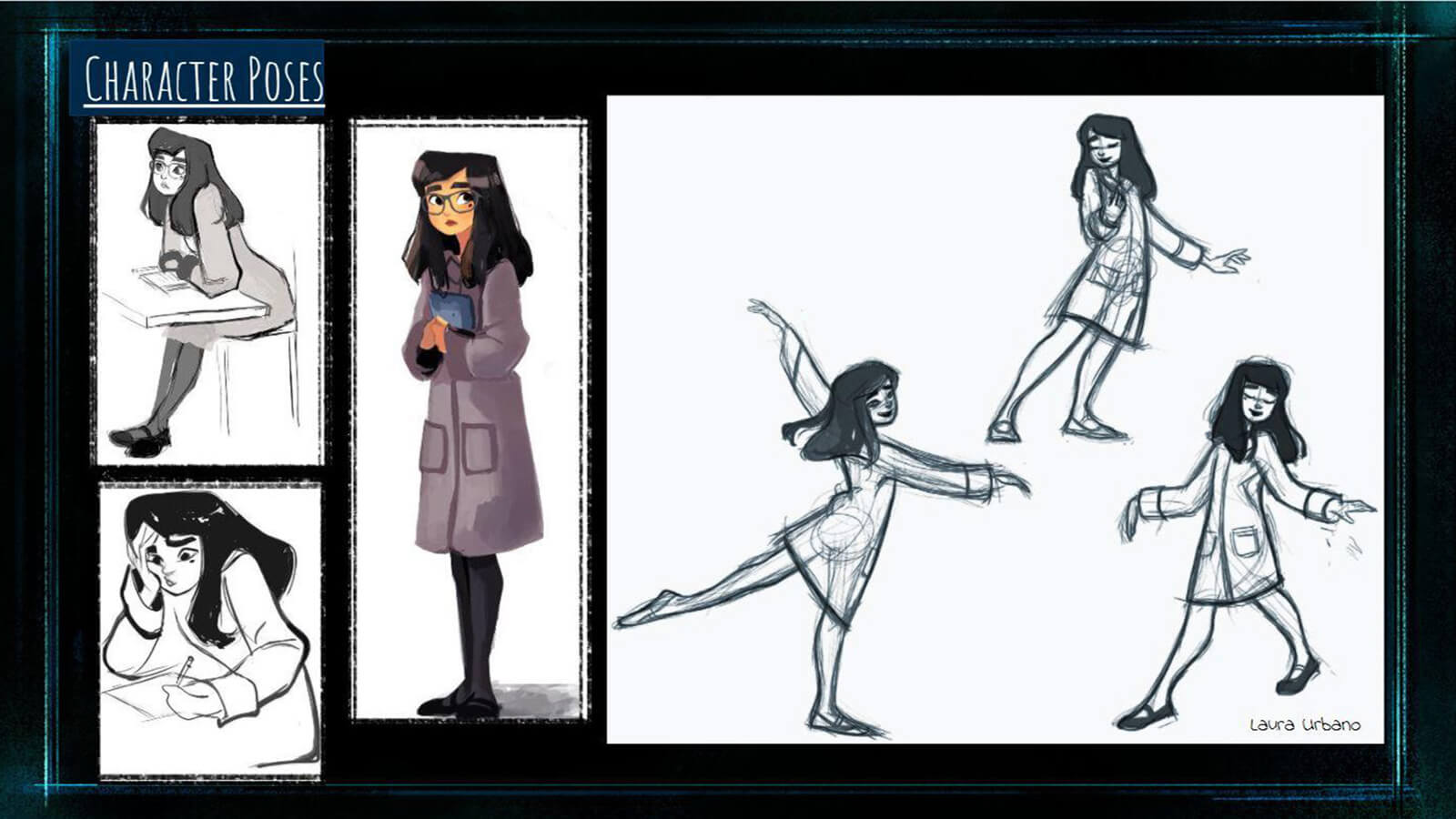 A "Character Pose" sheet, showing the film's main character Tristesse sitting, standing, and dancing. 