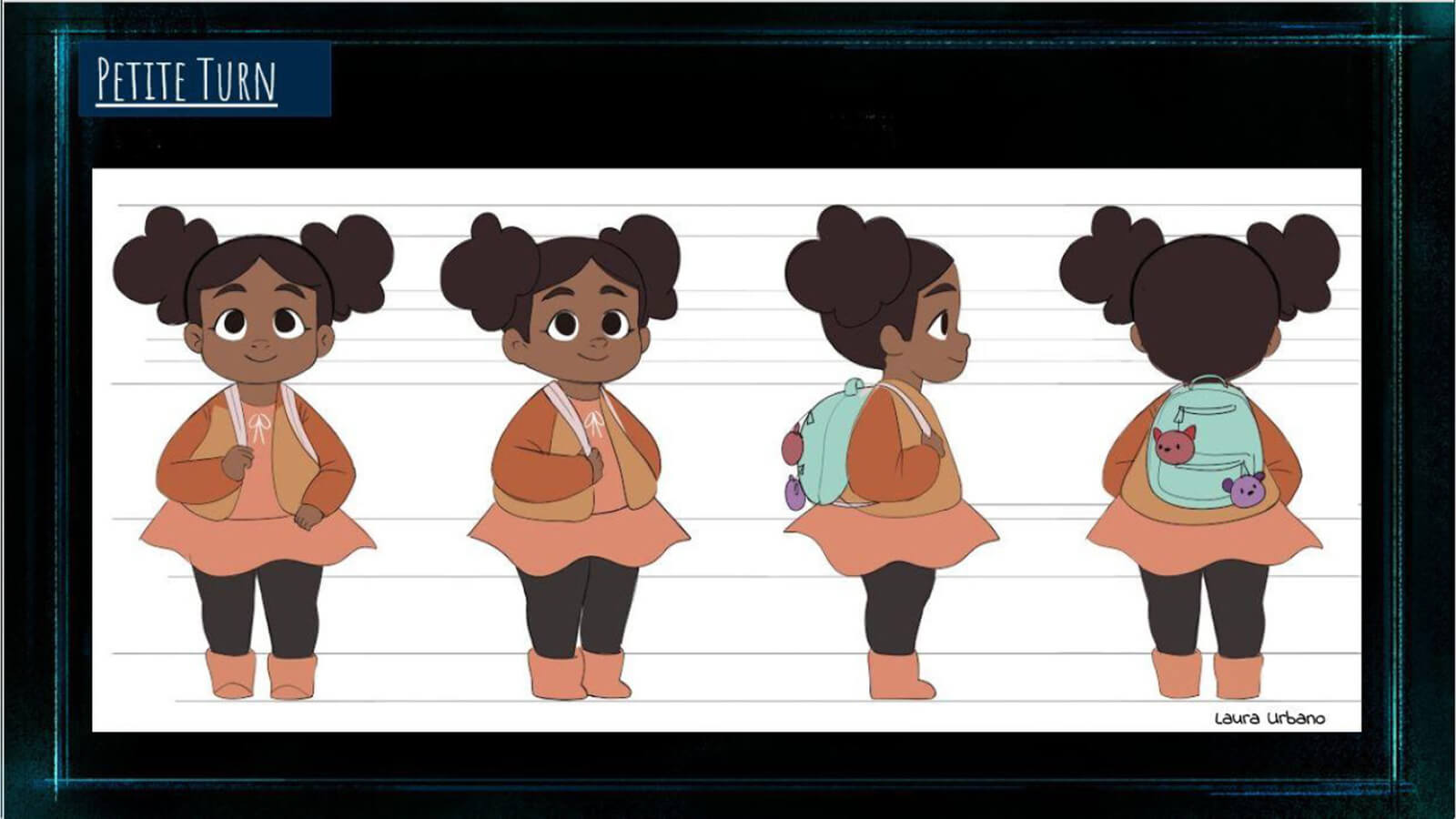 A "Character Turn" sheet for the film's character "Petite," showing her from a front, back, and side profile. 
