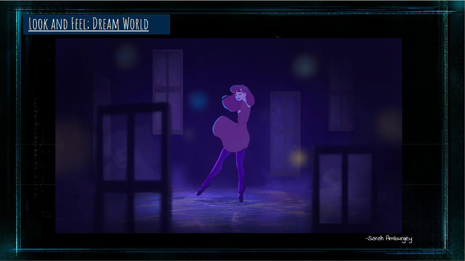 A "Look and Feel" slide for the film's dream world segment, showing the main character dancing in a hazy purple interior.