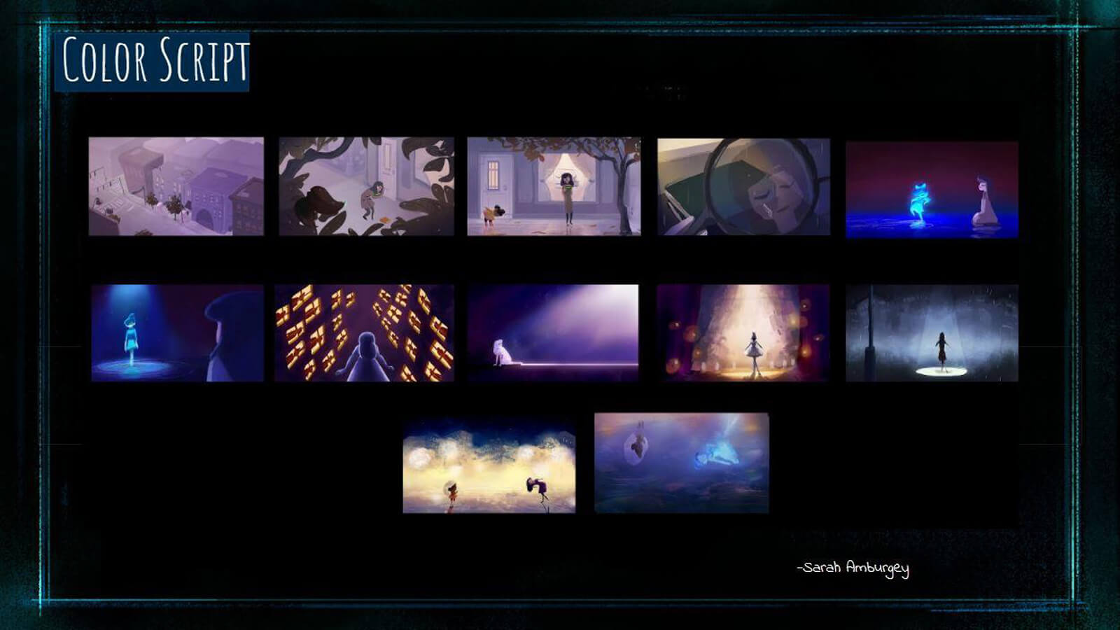 A "color script" for the film, showing the color palette over the course of the film's major scenes.