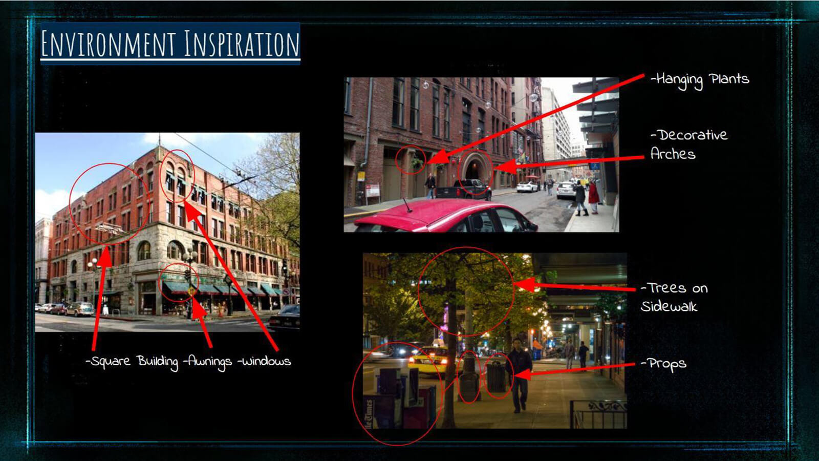 An "Environment Inspiration" slide, showing real world photos of urban locales that inspired the film's environments.