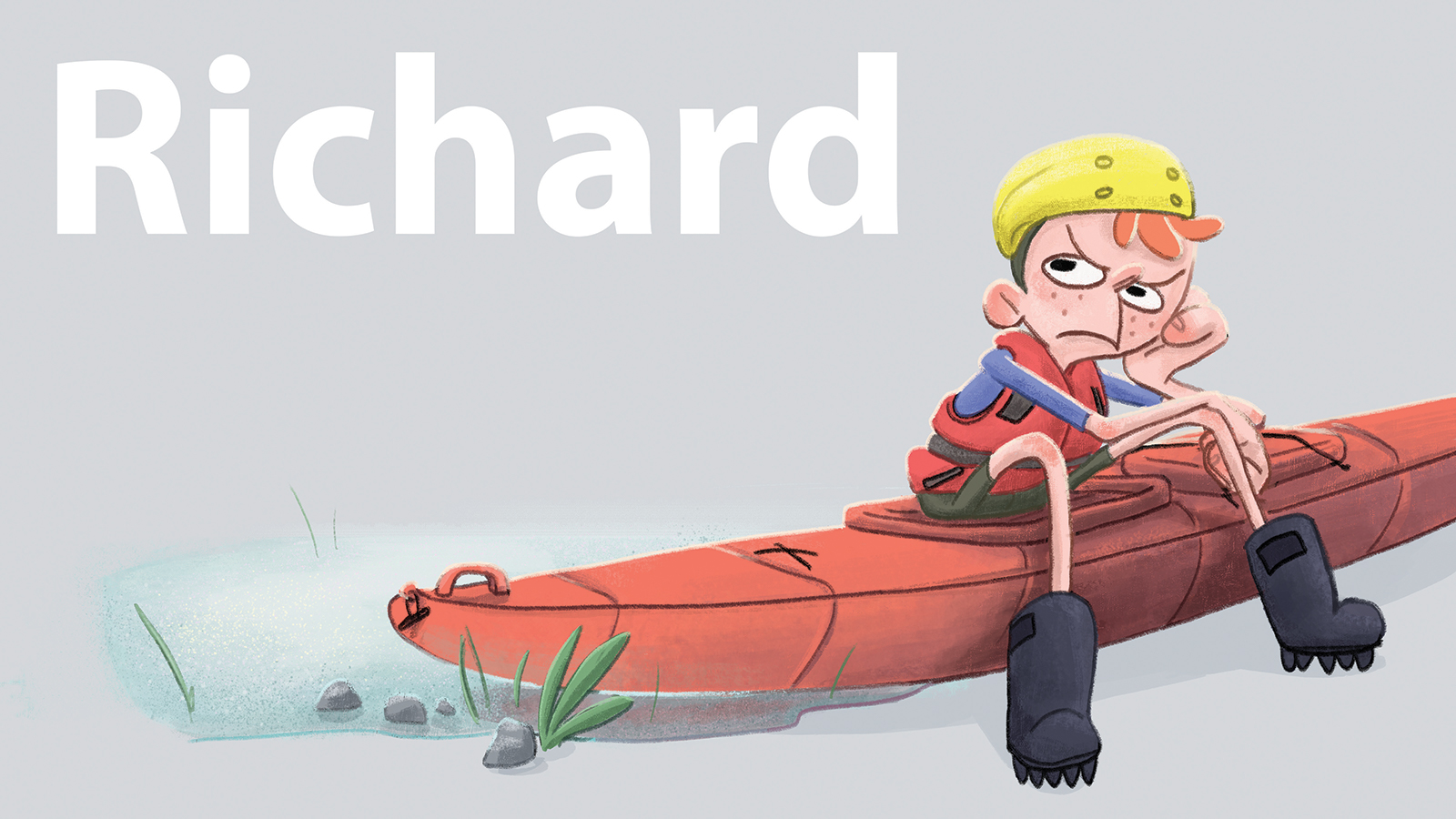 An annoyed boy in outdoors gear sits on a kayak.